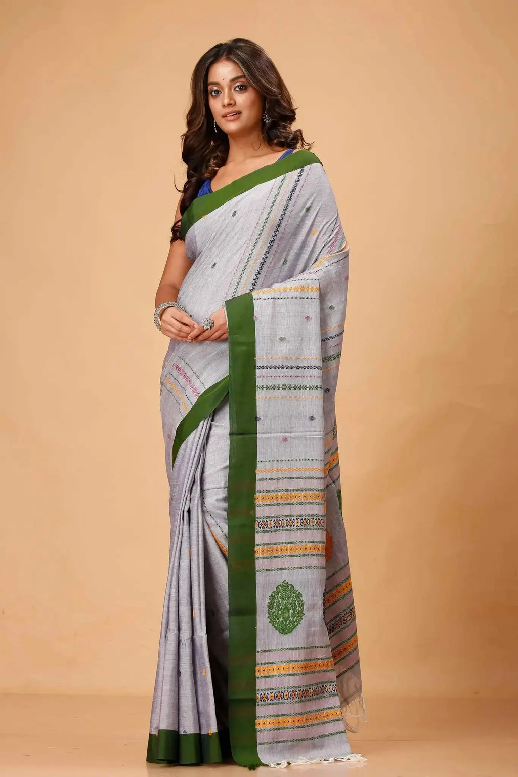 Grey Manipuri Cotton Saree With Forest Green Border Woven Pallu