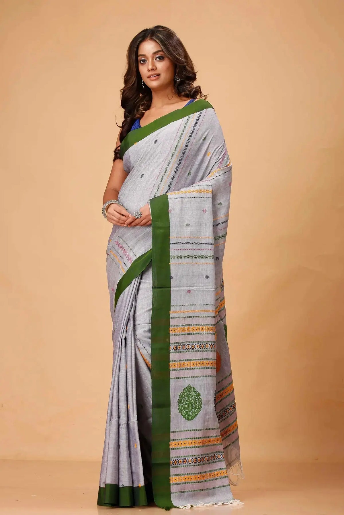 Grey Manipuri Cotton Saree With Forest Green Border Woven Pallu