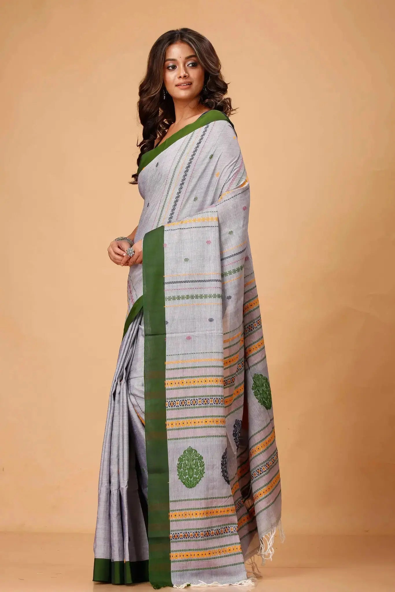Grey Manipuri Cotton Saree With Forest Green Border Woven Pallu