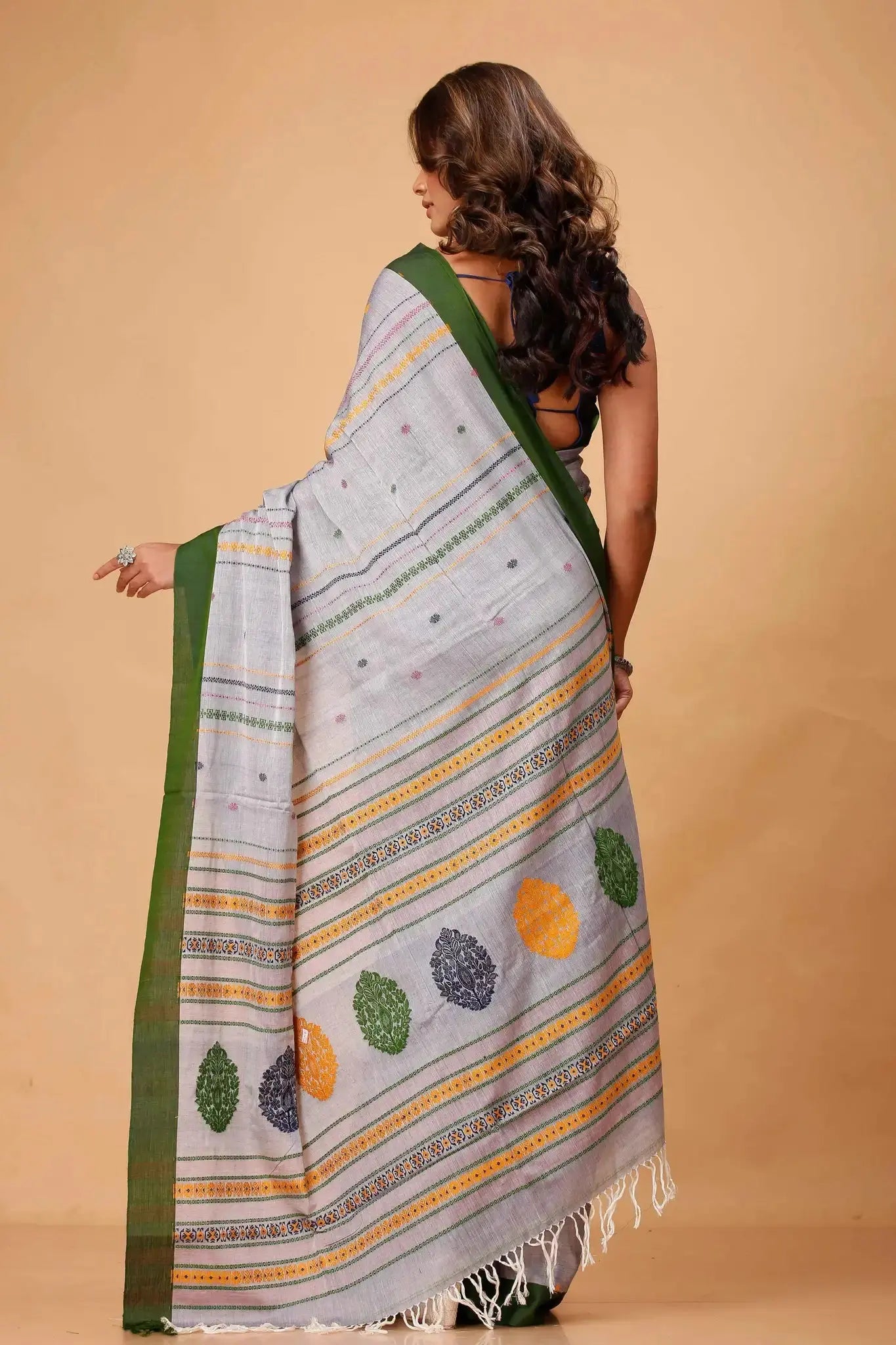 Grey Manipuri Cotton Saree With Forest Green Border Woven Pallu