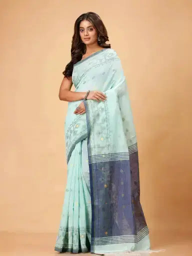 Mint Green With Navy Blue Border Floral Pattern- Bellu Cotton Handloom Fancy Saree - Grivana