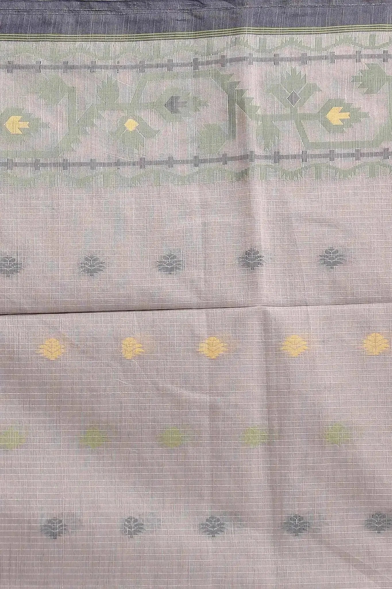 Bellu Cotton Handloom Fancy Saree- Moon Mist With Deep Saffron Border