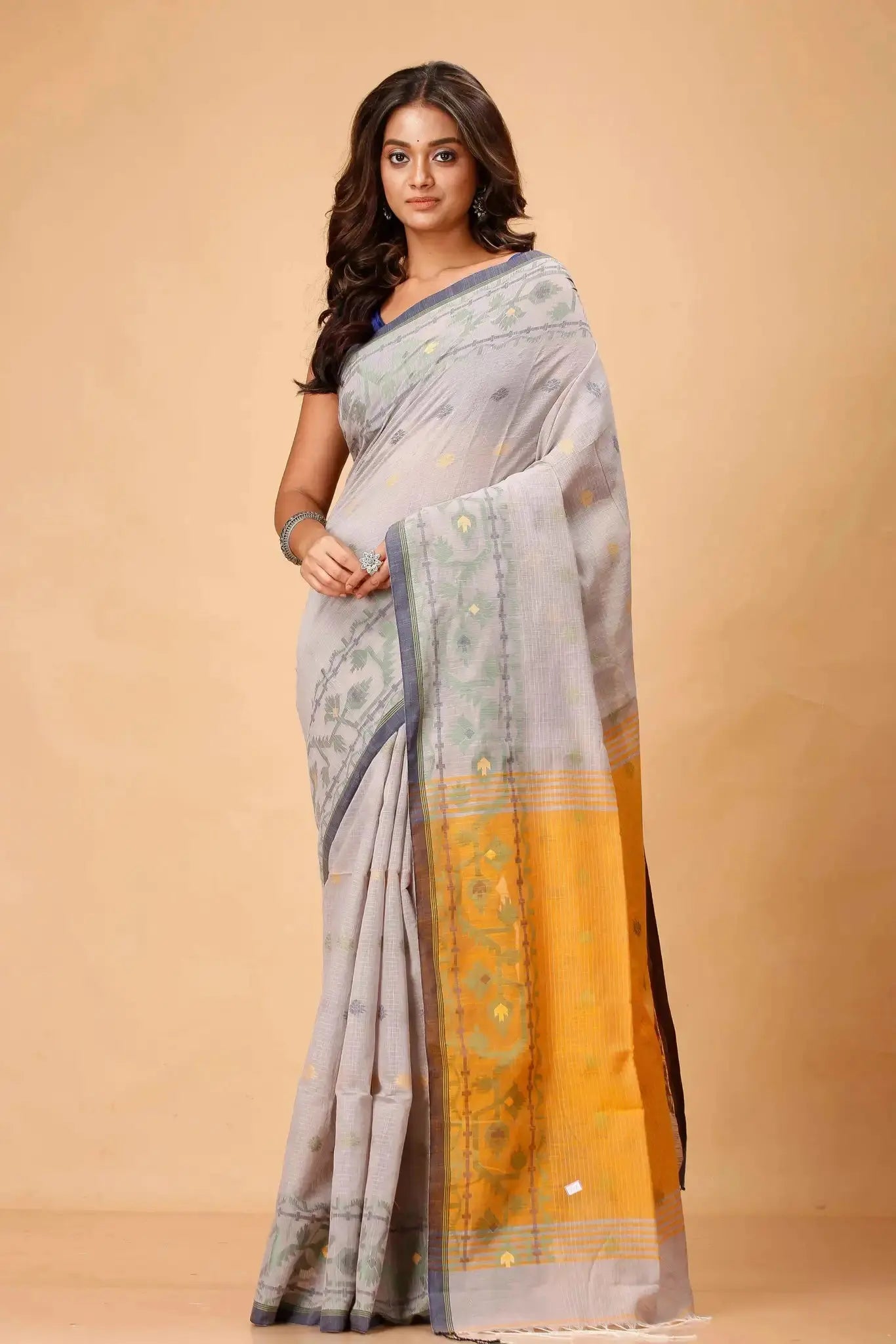 Bellu Cotton Handloom Fancy Saree- Moon Mist With Deep Saffron Border