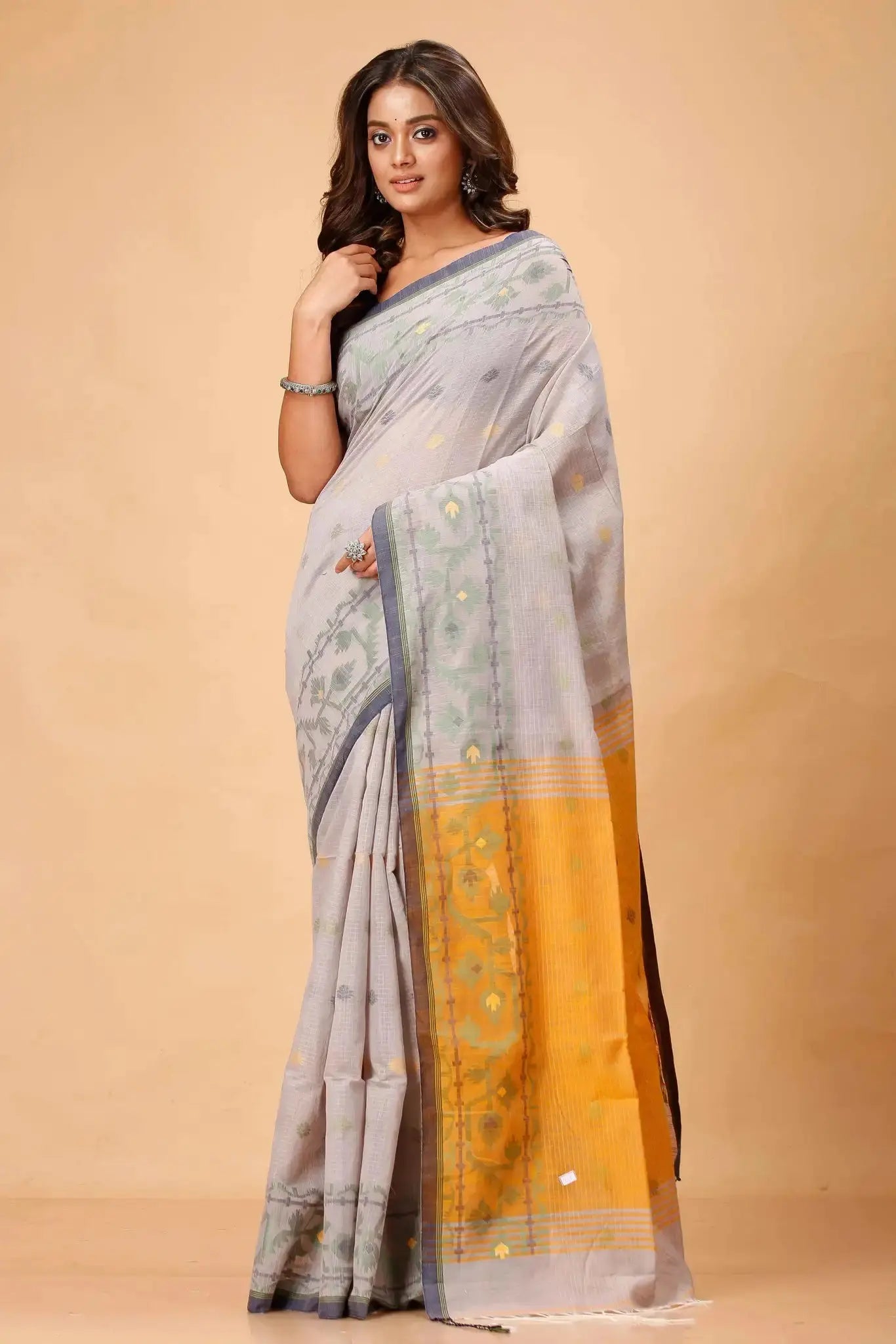 Bellu Cotton Handloom Fancy Saree- Moon Mist With Deep Saffron Border