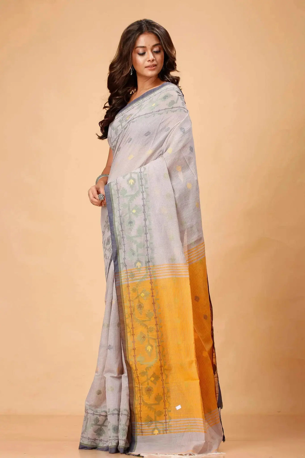 Bellu Cotton Handloom Fancy Saree- Moon Mist With Deep Saffron Border