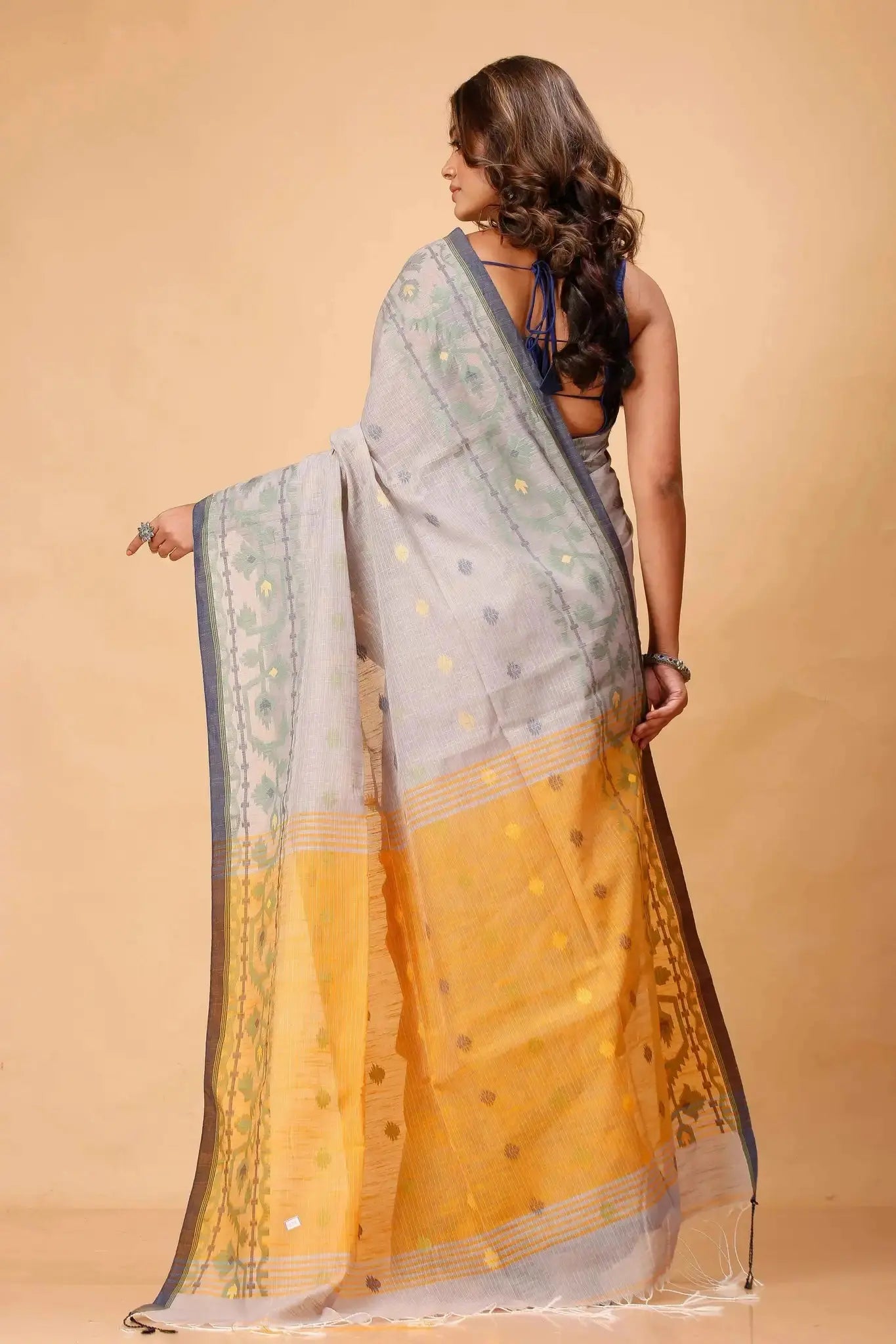 Bellu Cotton Handloom Fancy Saree- Moon Mist With Deep Saffron Border