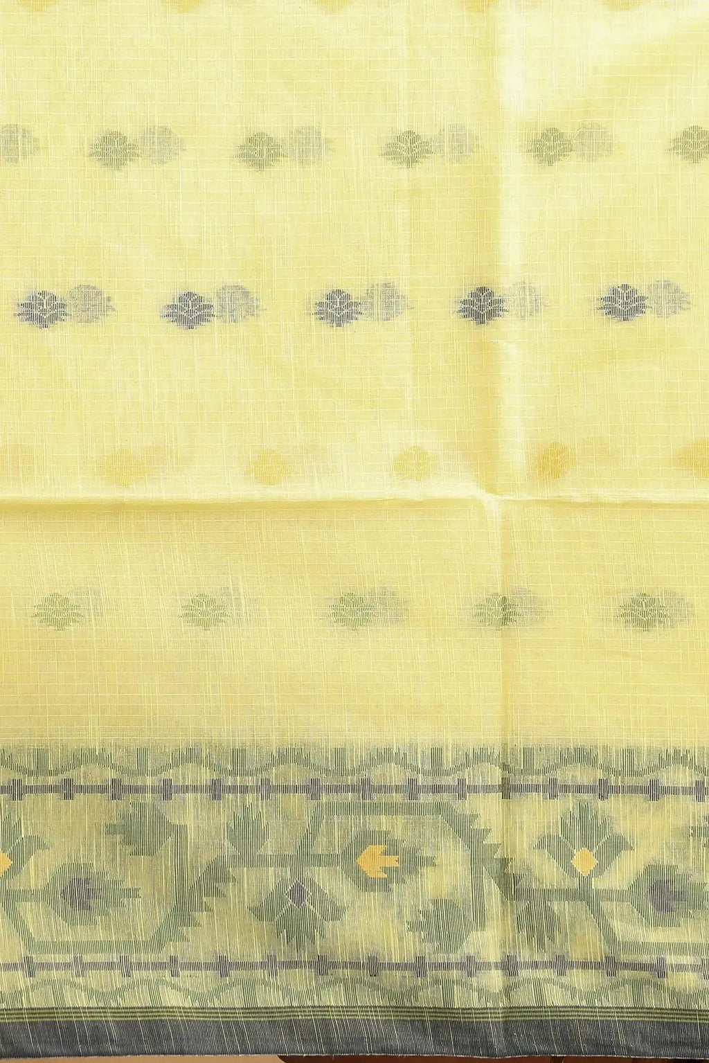 Pale Yellow With Navy Blue Border Floral Pattern- Bellu Cotton Handloom Fancy Saree - Grivana