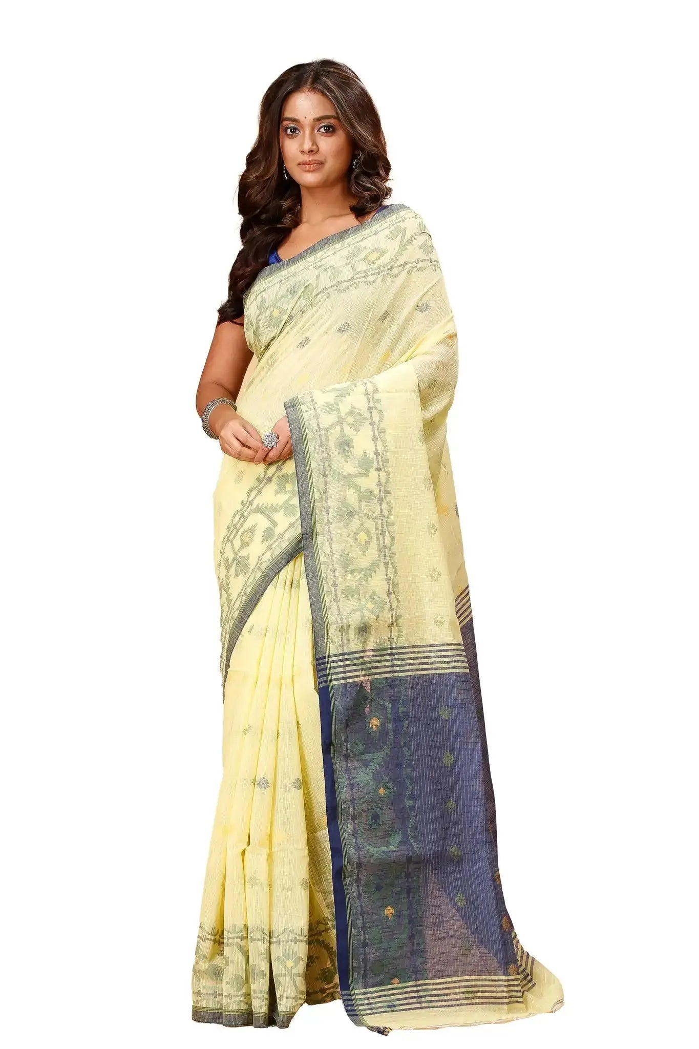 Pale Yellow With Navy Blue Border Floral Pattern- Bellu Cotton Handloom Fancy Saree - Grivana