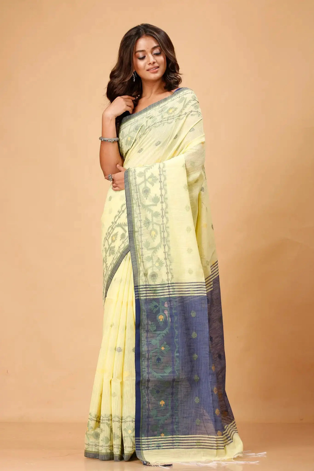 Pale Yellow With Navy Blue Border Floral Pattern- Bellu Cotton Handloom Fancy Saree - Grivana