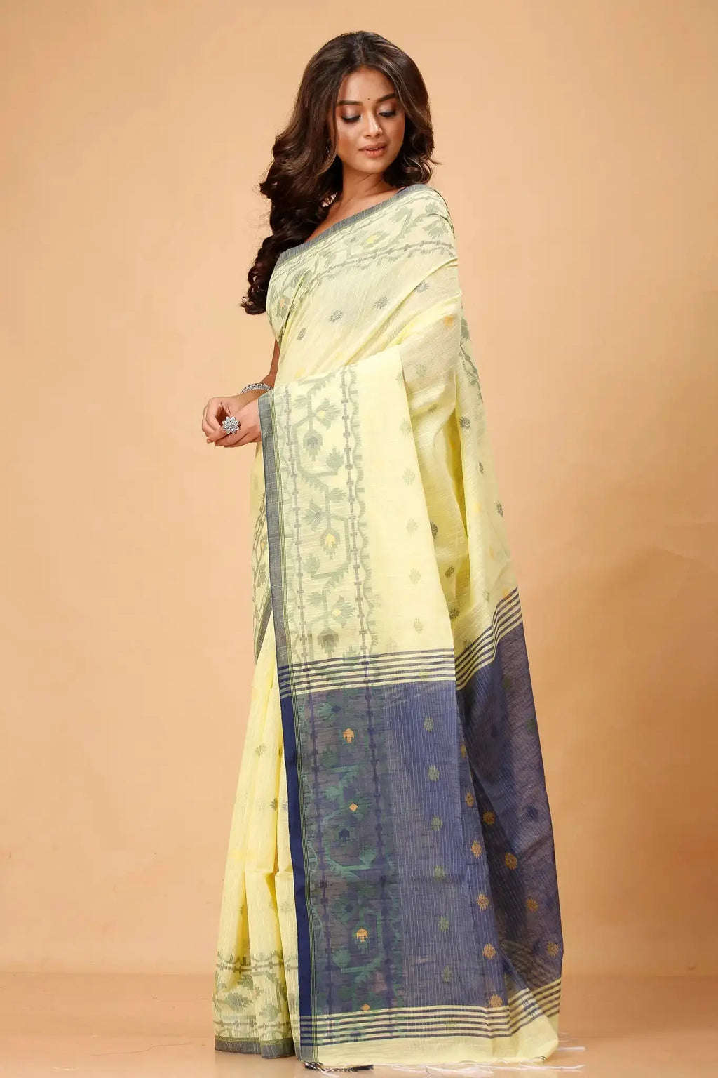 Pale Yellow With Navy Blue Border Floral Pattern- Bellu Cotton Handloom Fancy Saree - Grivana