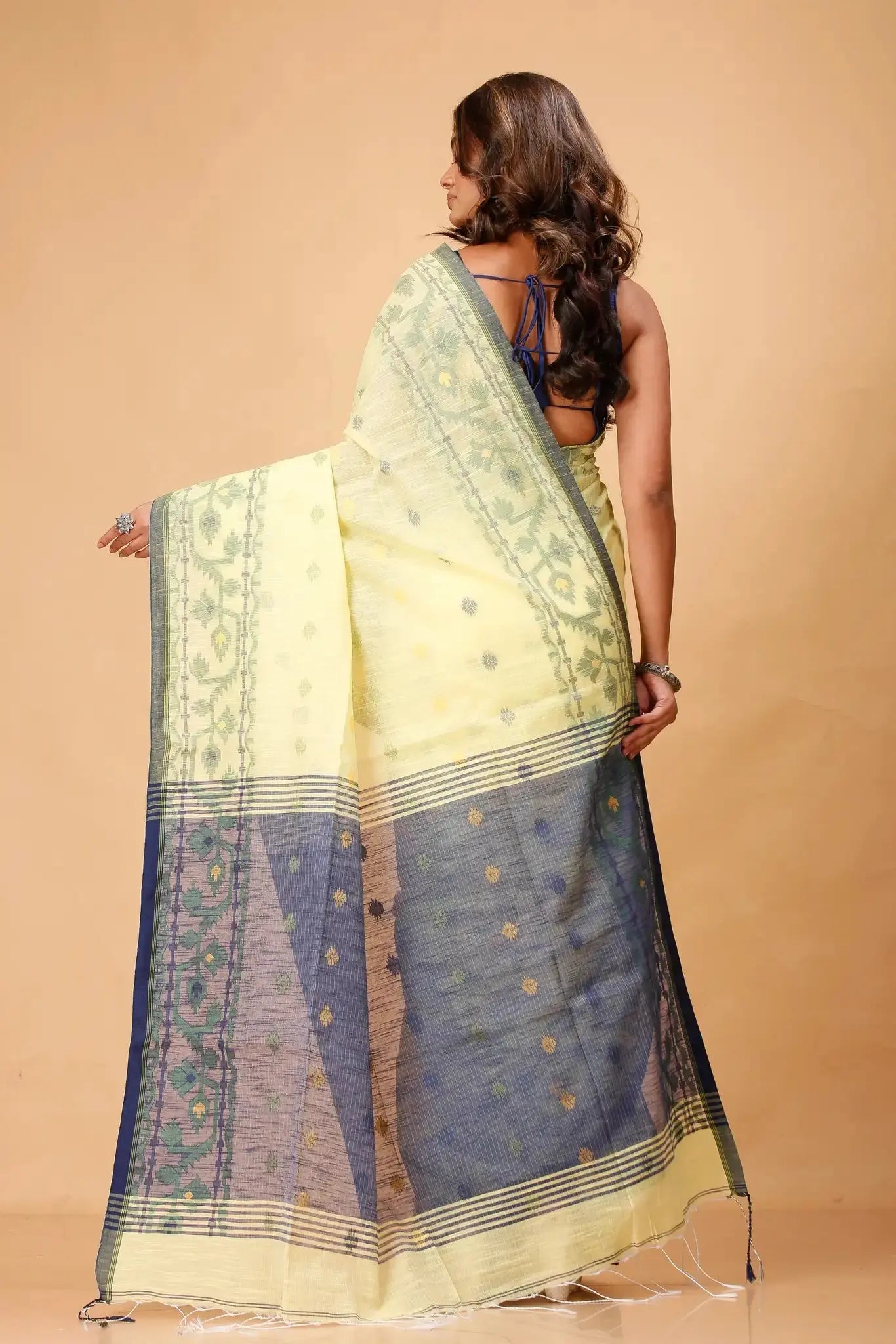 Pale Yellow With Navy Blue Border Floral Pattern- Bellu Cotton Handloom Fancy Saree - Grivana