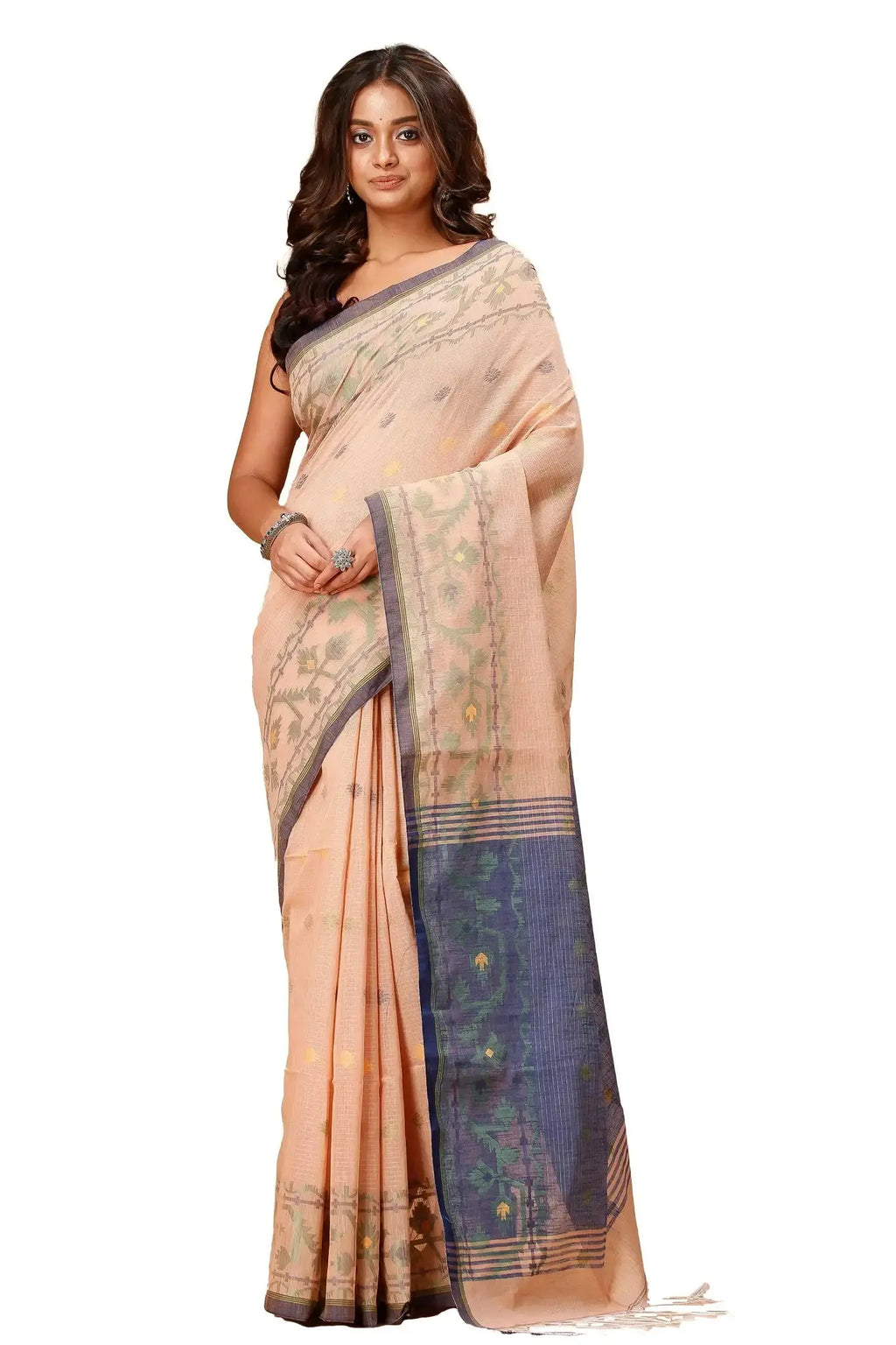 Bellu Cotton Handloom Fancy Saree- Oyster Pink With Mist Blue Border - Grivana