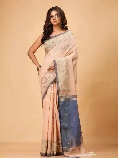 Bellu Cotton Handloom Fancy Saree- Oyster Pink With Mist Blue Border - Grivana