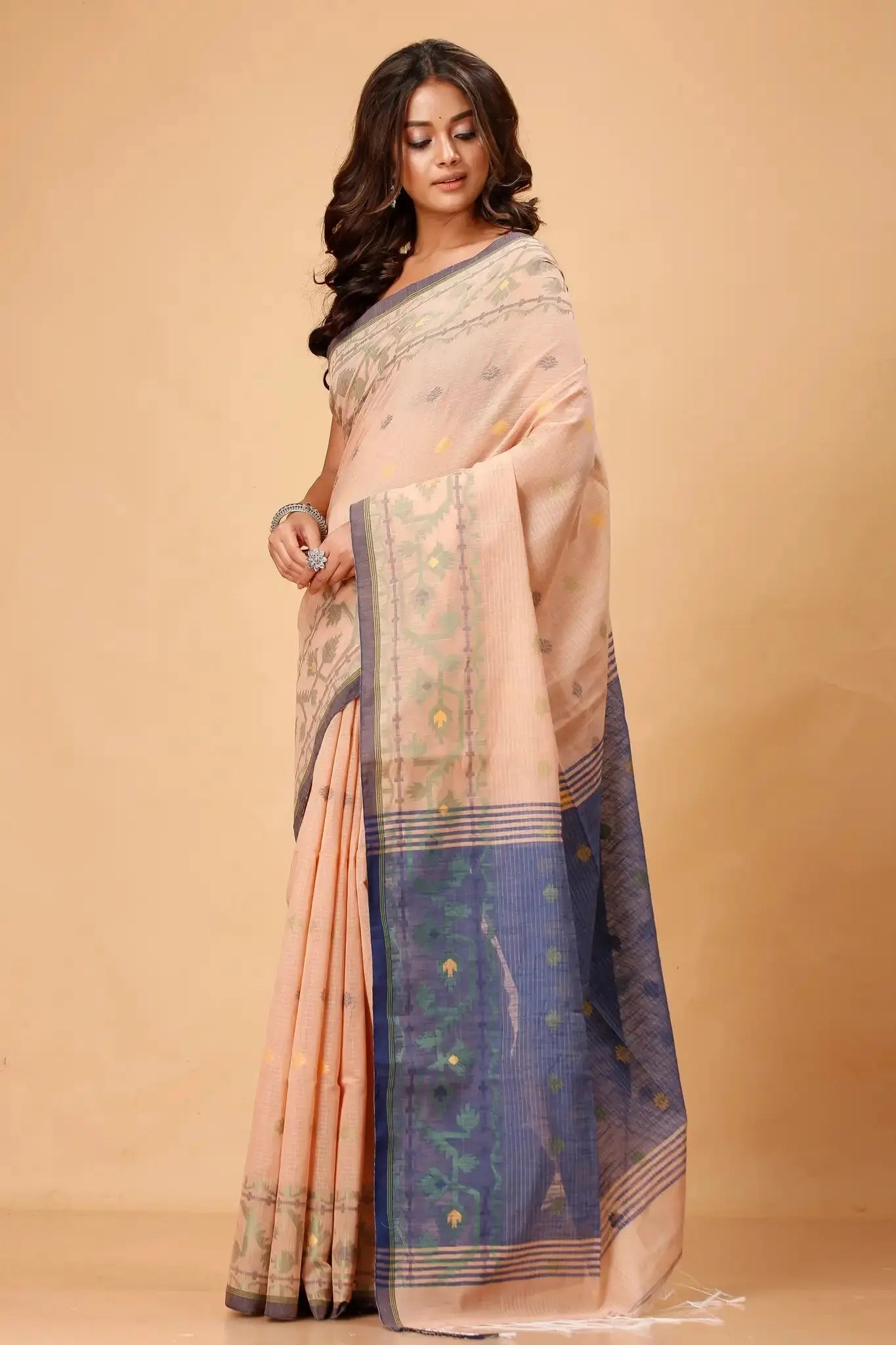 Bellu Cotton Handloom Fancy Saree- Oyster Pink With Mist Blue Border - Grivana