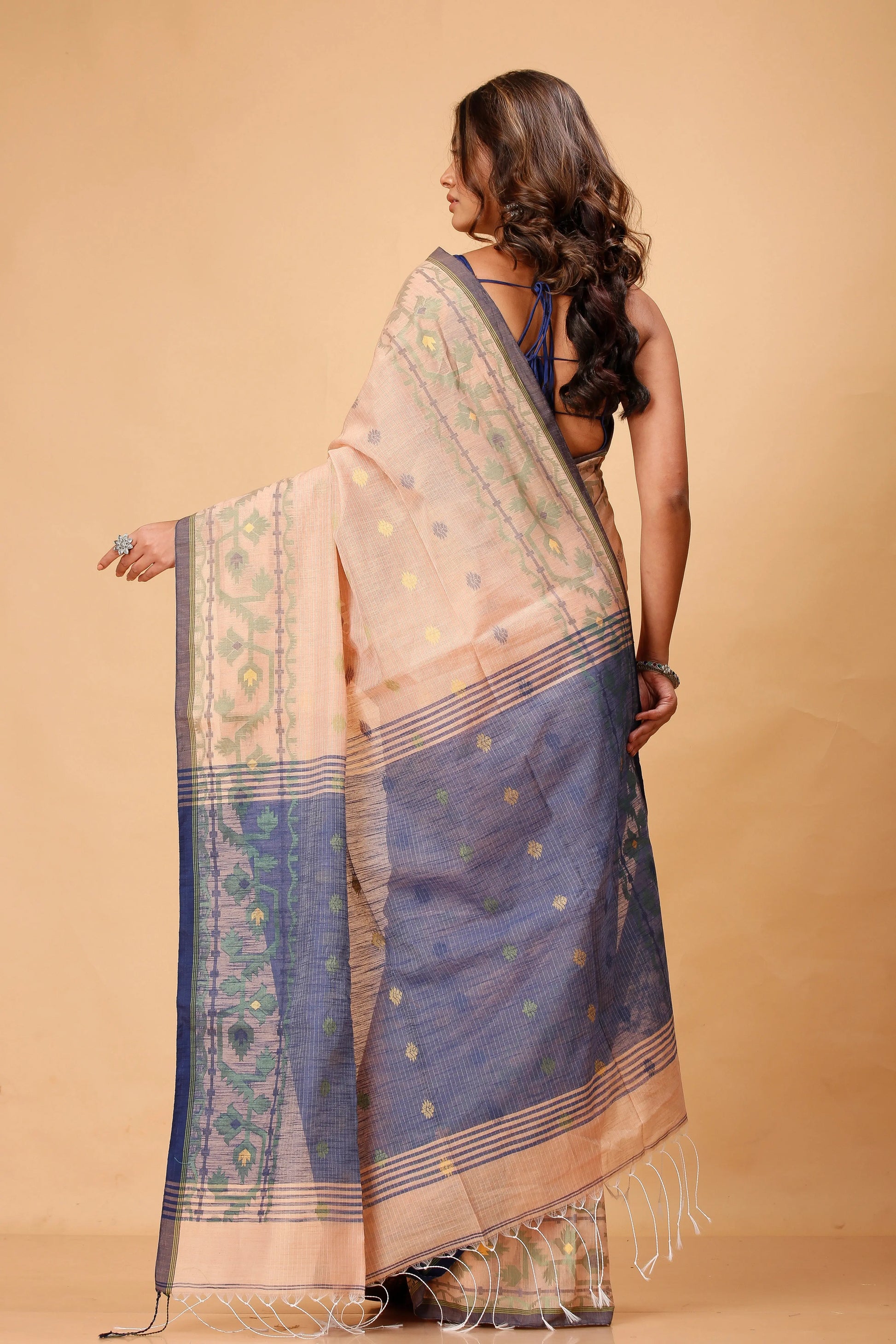 Bellu Cotton Handloom Fancy Saree- Oyster Pink With Mist Blue Border - Grivana