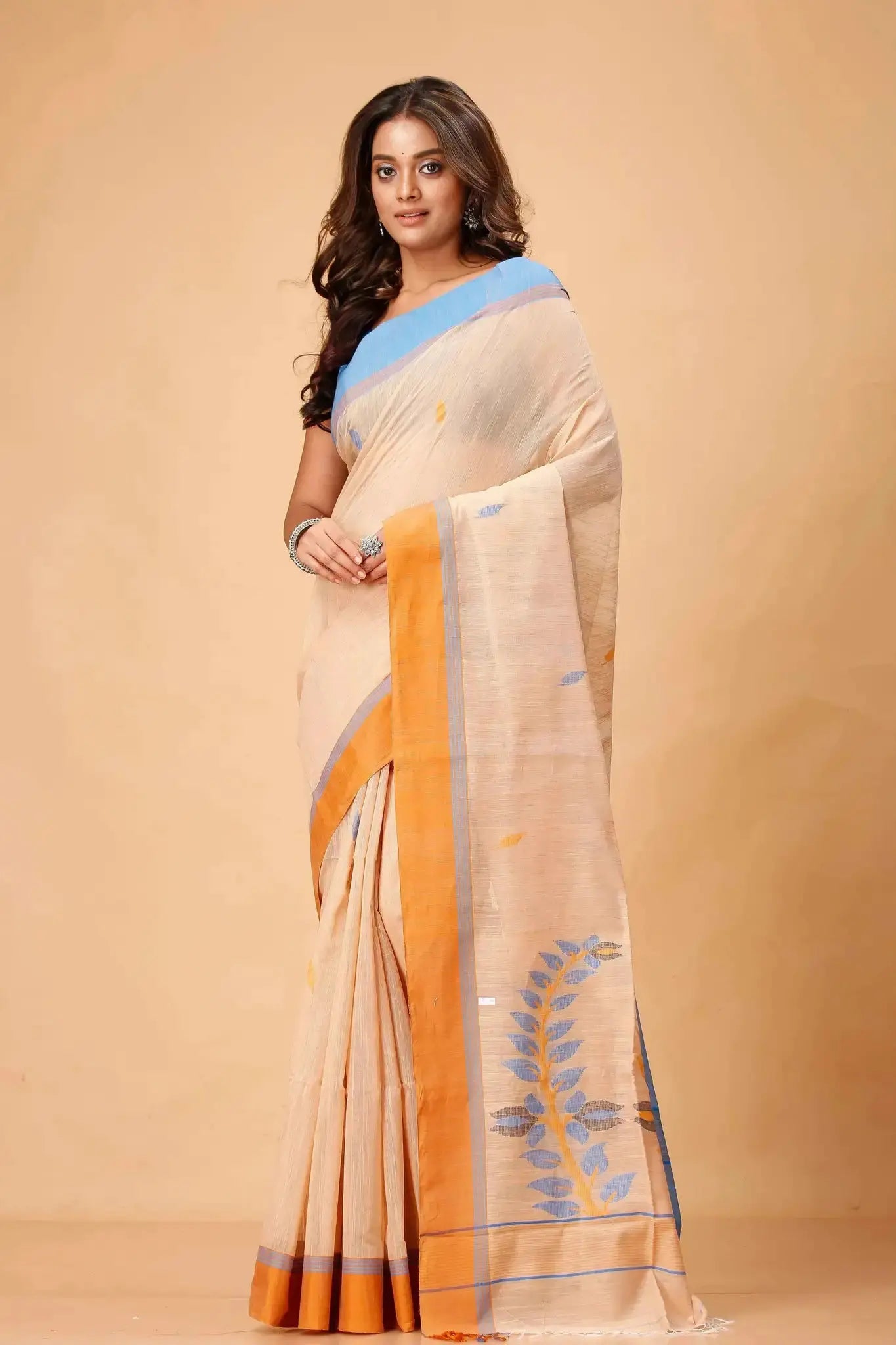 Elegant Beige Manipuri Cotton Saree with Blue & Mustard Woven Border