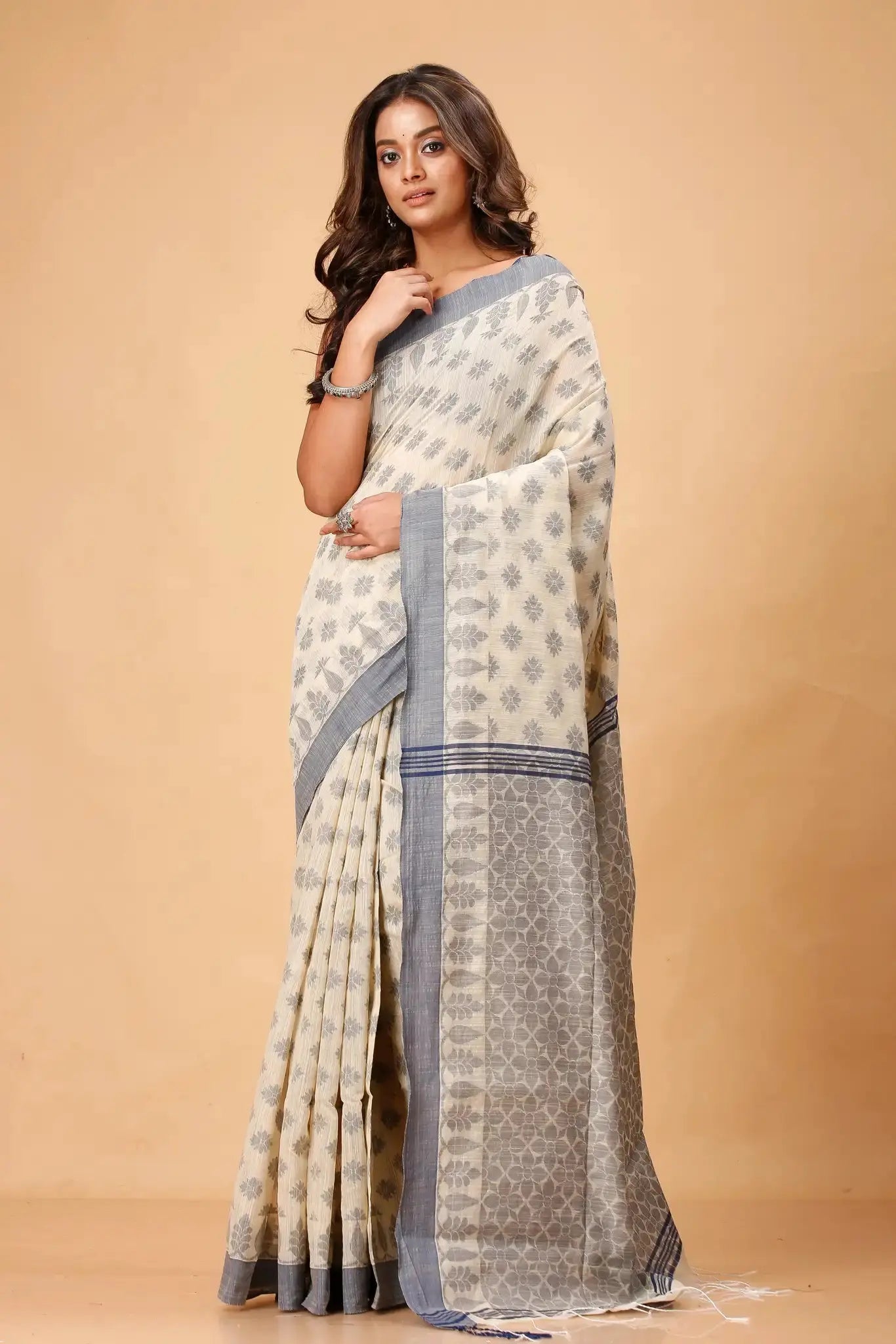Dessert Sand & Pale Oyster- Bellu Cotton Handloom Fancy Indian Saree - Grivana