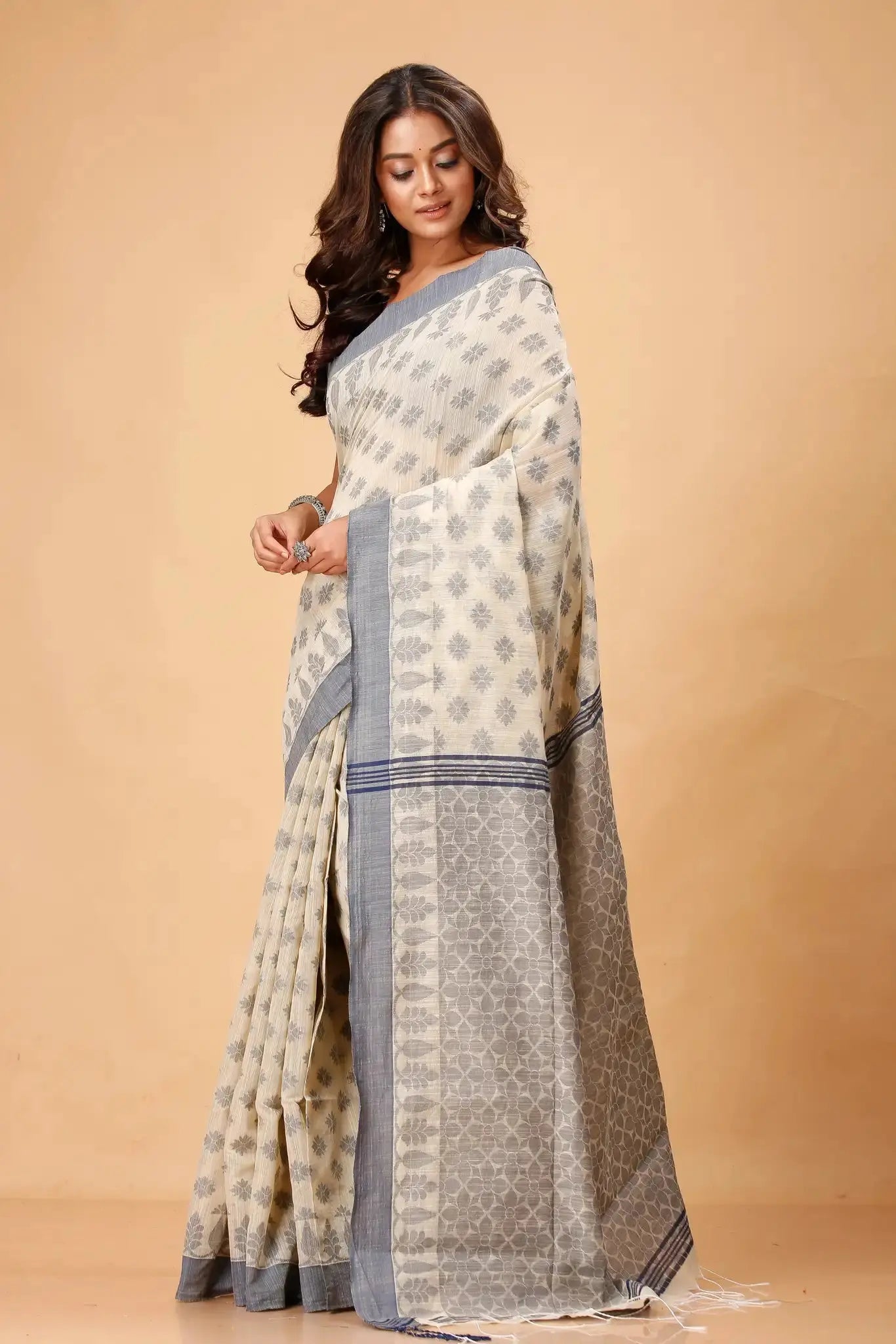Dessert Sand & Pale Oyster- Bellu Cotton Handloom Fancy Indian Saree - Grivana