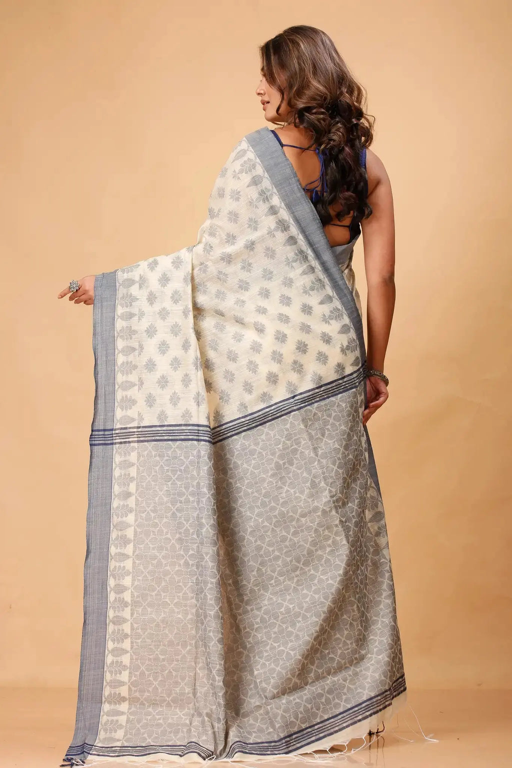 Dessert Sand & Pale Oyster- Bellu Cotton Handloom Fancy Indian Saree - Grivana