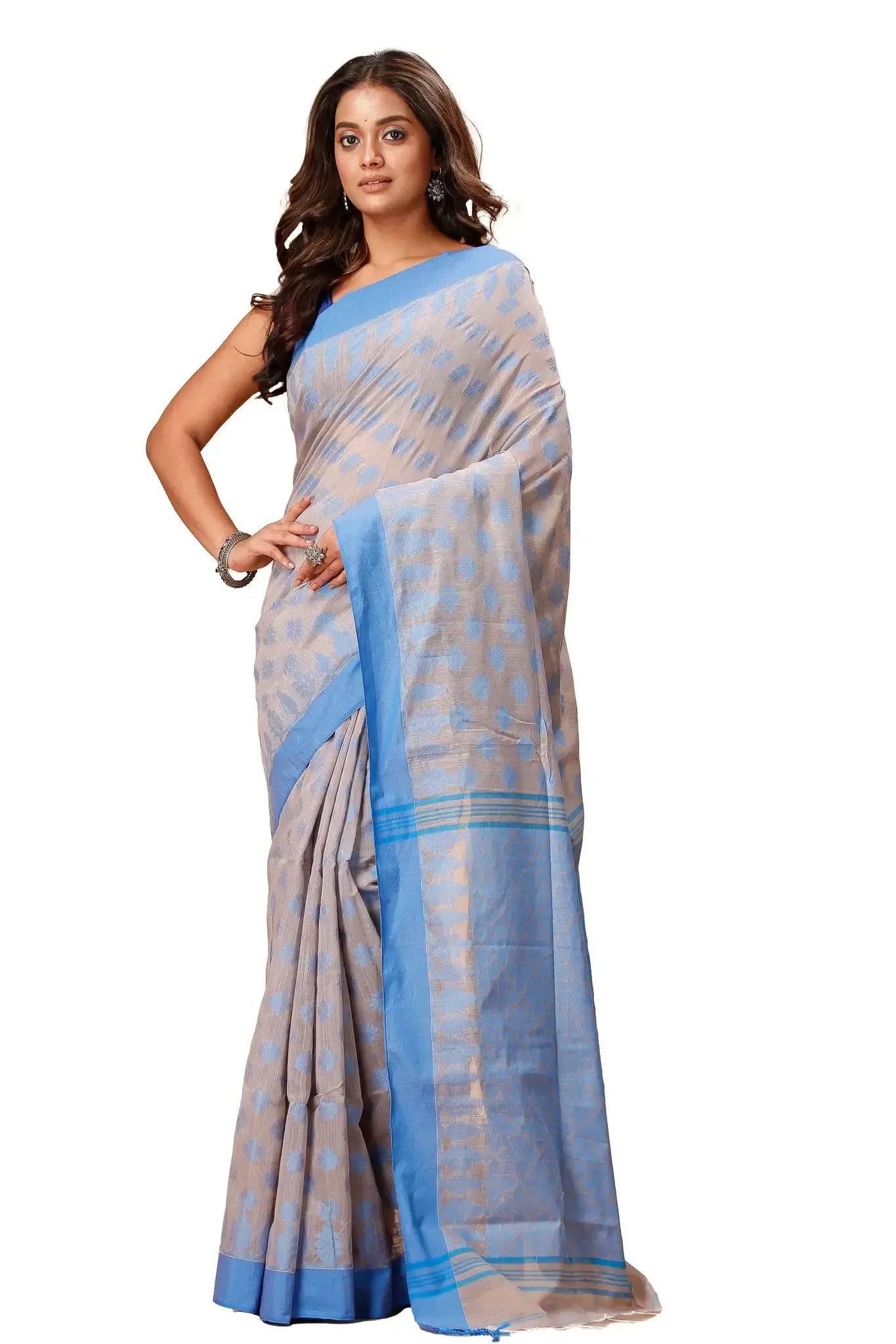 Greyish Blue- Bellu Cotton Handloom Fancy Saree With Soft Texture & Intricate Border - Grivana