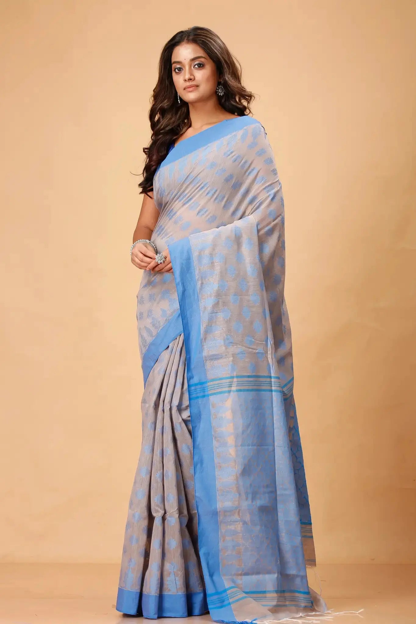 Greyish Blue- Bellu Cotton Handloom Fancy Saree With Soft Texture & Intricate Border - Grivana