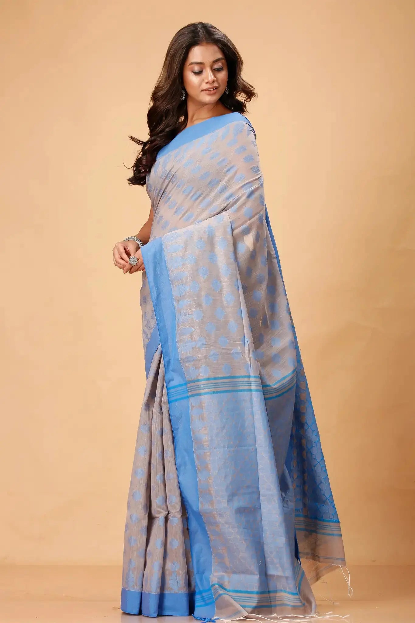 Greyish Blue- Bellu Cotton Handloom Fancy Saree With Soft Texture & Intricate Border - Grivana