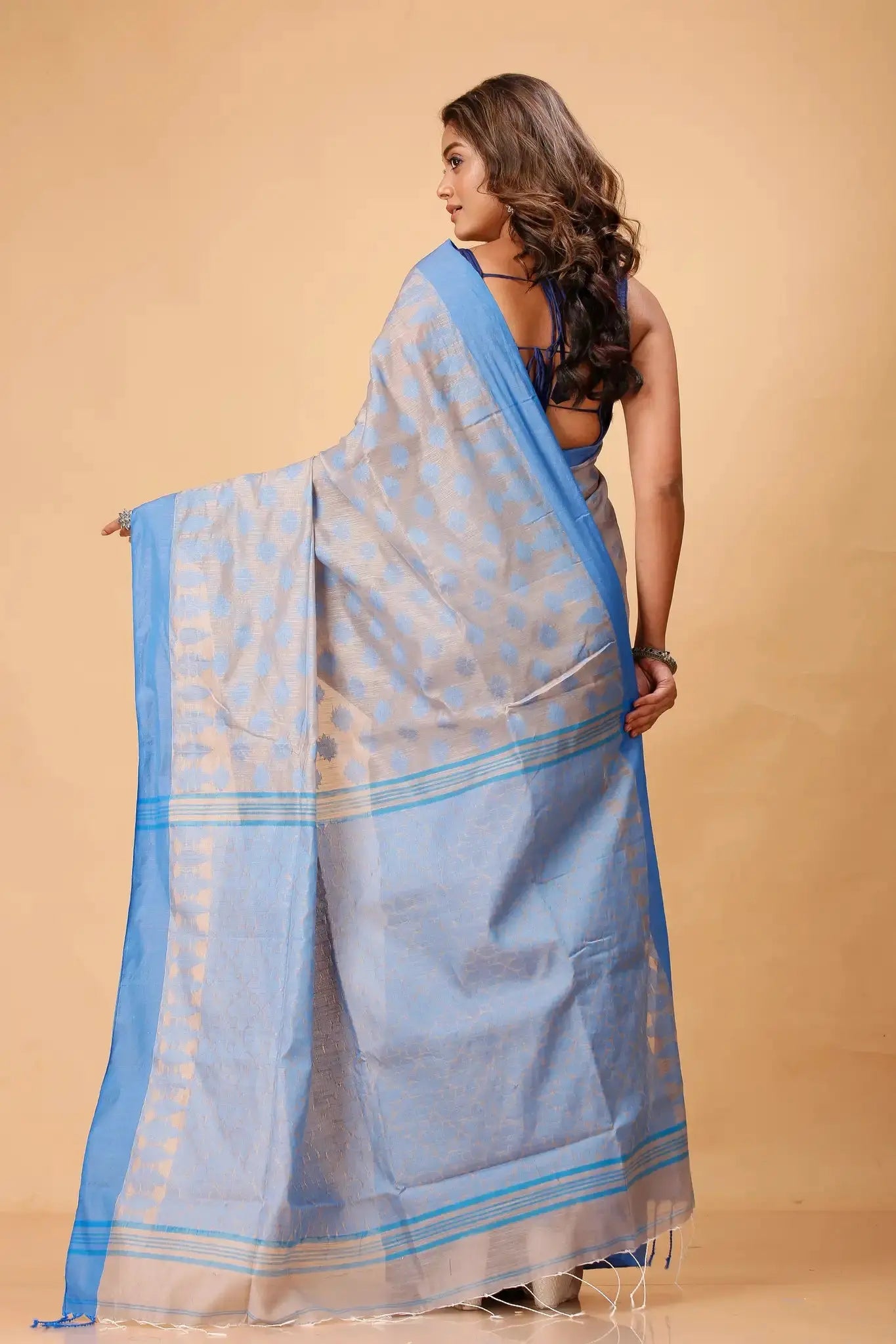 Greyish Blue- Bellu Cotton Handloom Fancy Saree With Soft Texture & Intricate Border - Grivana