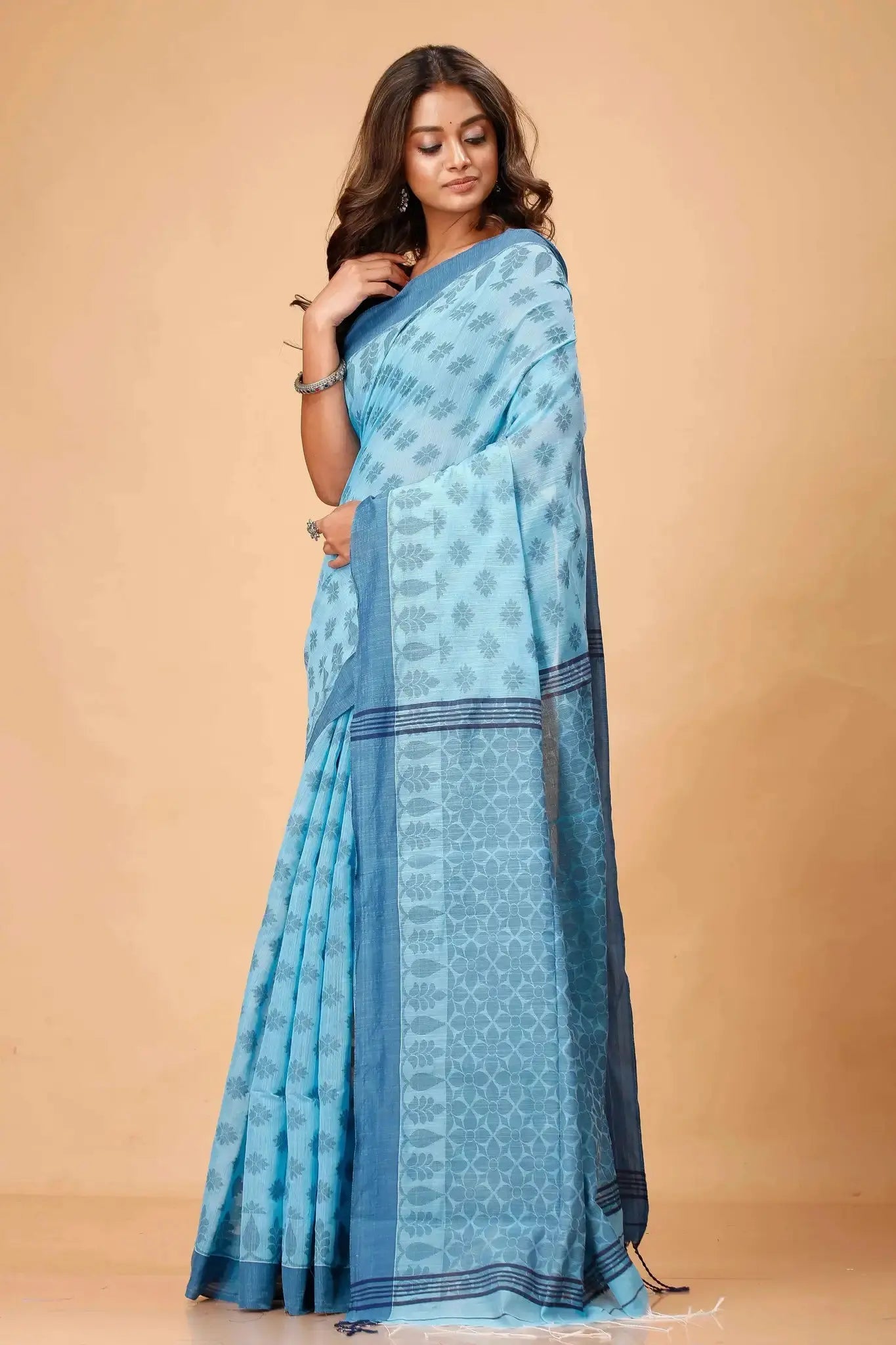 Carolina Blue- Bellu Cotton Handloom Fancy Saree Elegant Traditional Handwoven Design