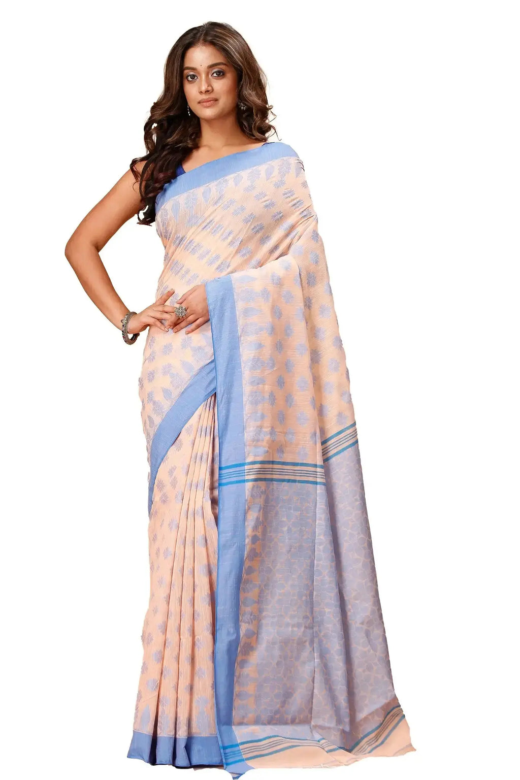 Peachy Beige- Bellu Cotton Handloom Fancy Woven Patterns Saree With Blue Border - Grivana