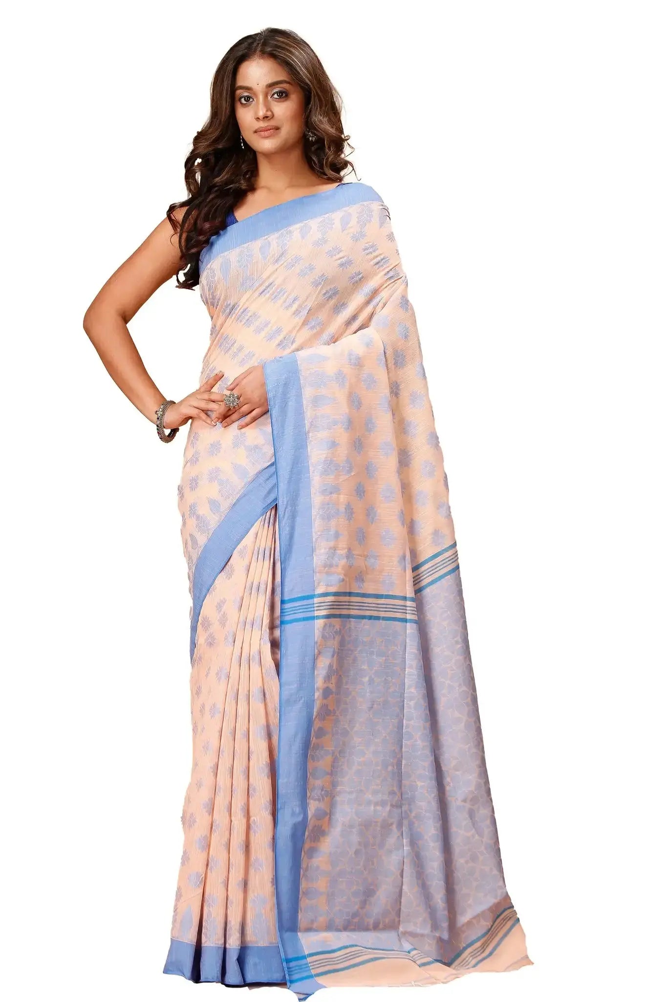 Peachy Beige- Bellu Cotton Handloom Fancy Woven Patterns Saree With Blue Border - Grivana