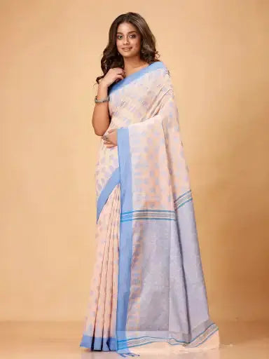 Peachy Beige- Bellu Cotton Handloom Fancy Woven Patterns Saree With Blue Border - Grivana