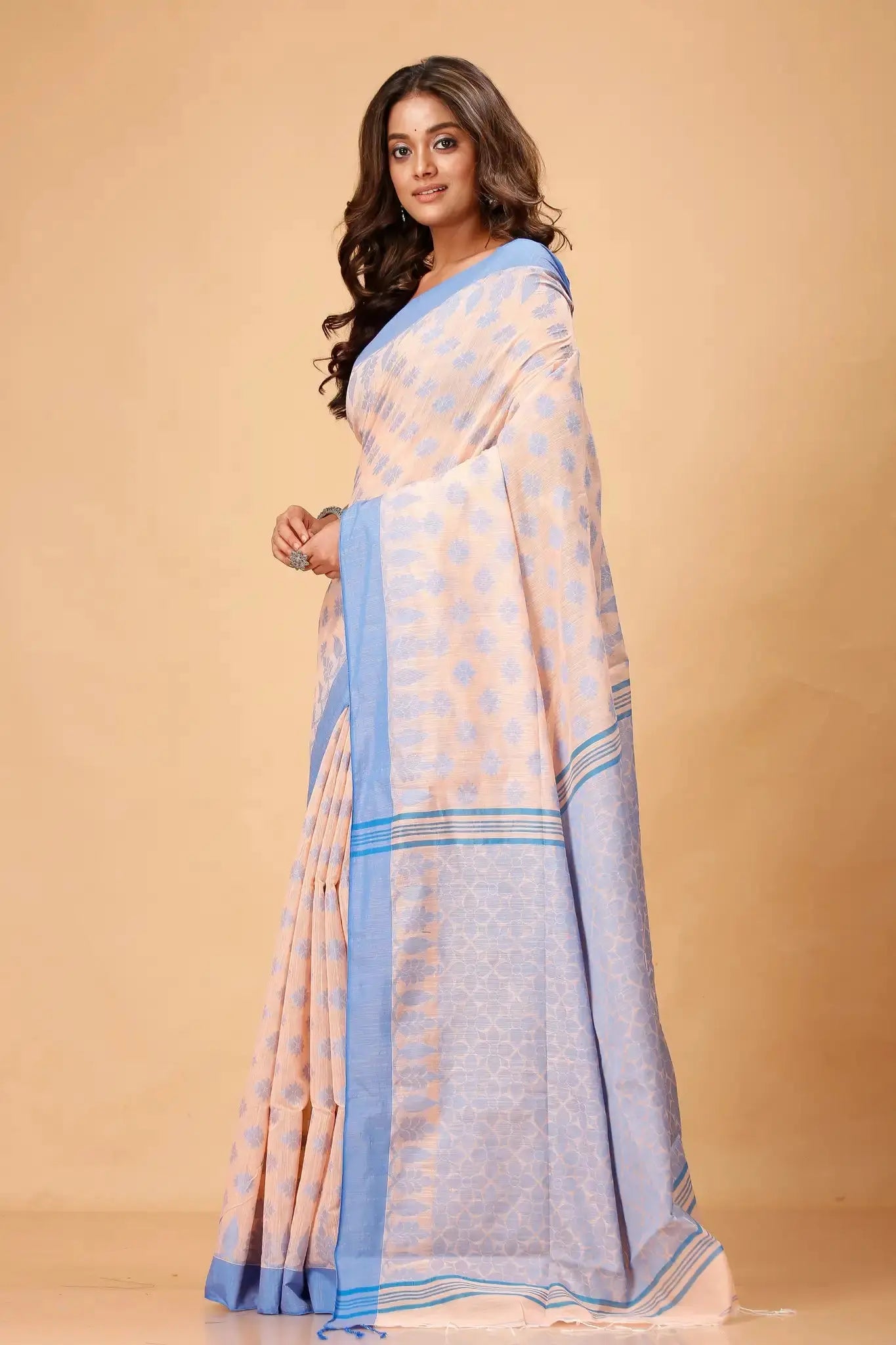 Peachy Beige- Bellu Cotton Handloom Fancy Woven Patterns Saree With Blue Border - Grivana