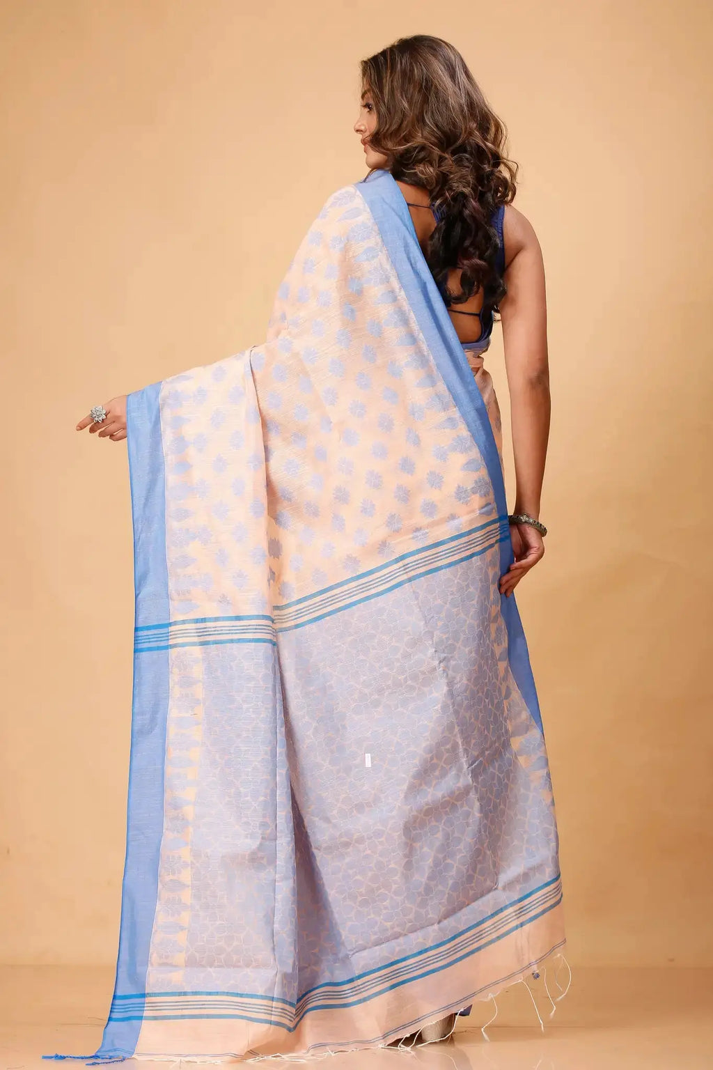 Peachy Beige- Bellu Cotton Handloom Fancy Woven Patterns Saree With Blue Border - Grivana
