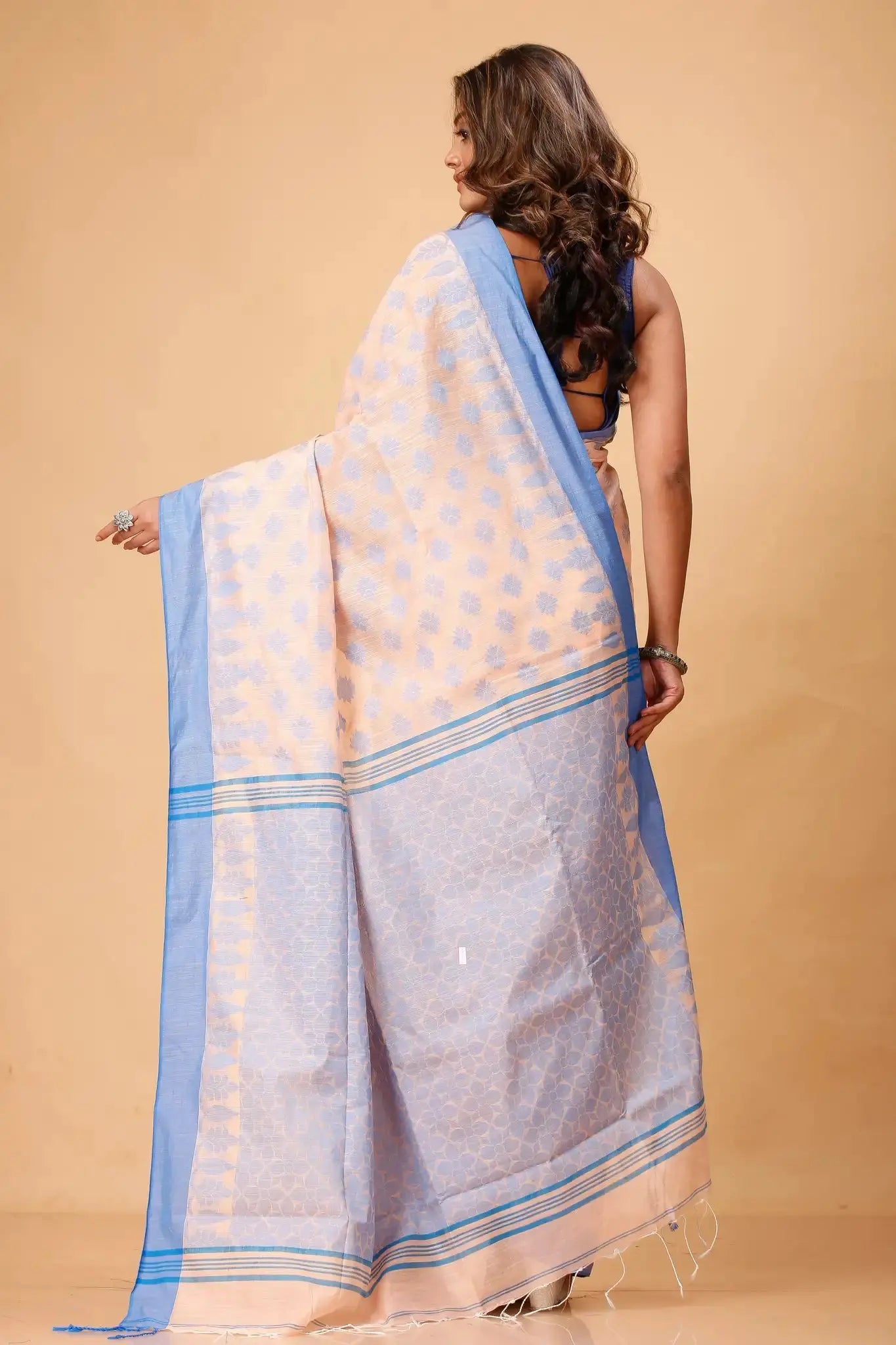 Peachy Beige- Bellu Cotton Handloom Fancy Woven Patterns Saree With Blue Border - Grivana