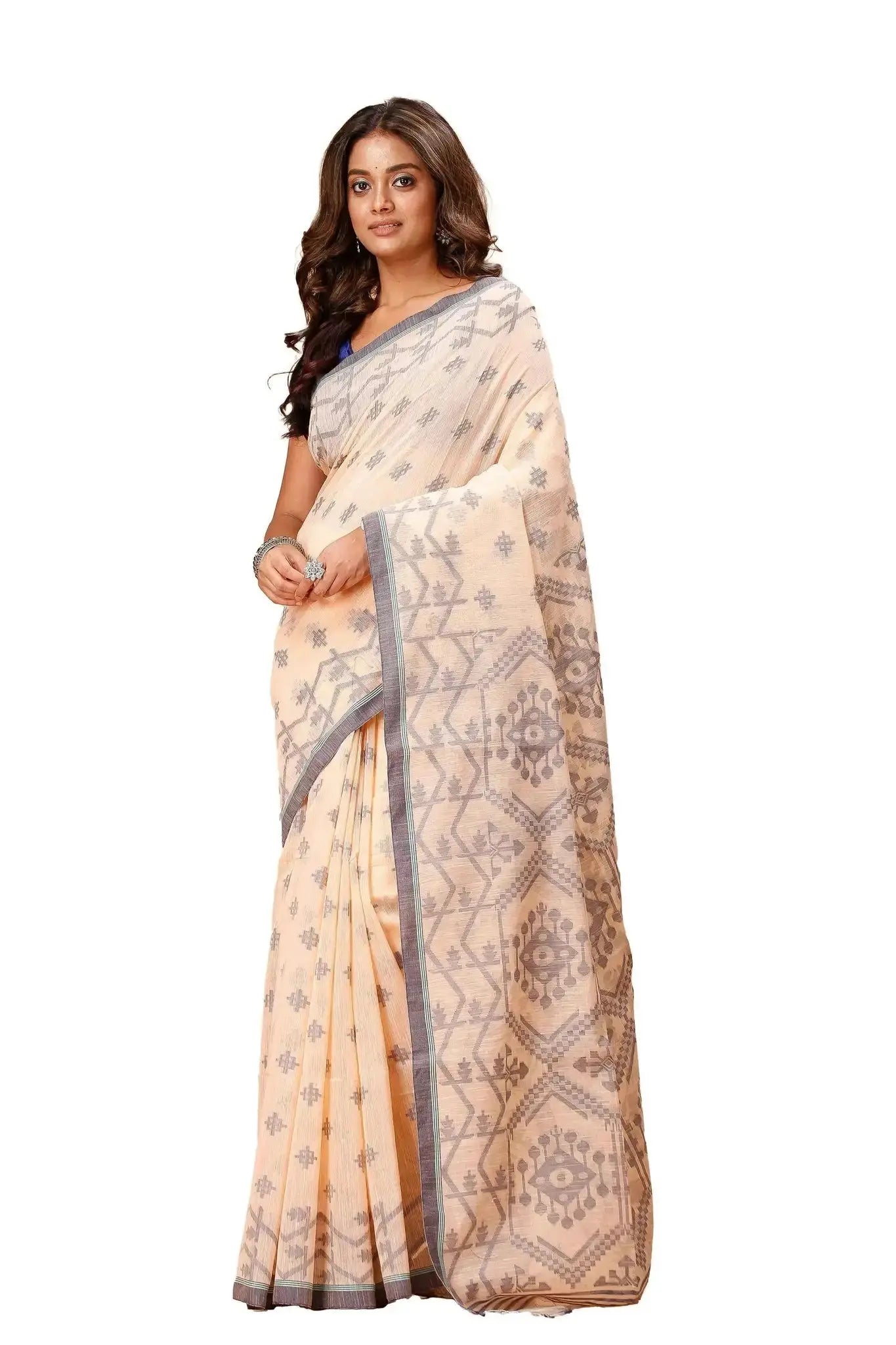 Pearl Bush- Bellu Cotton Handloom Fancy Geometric Design Saree With Blouse Piece