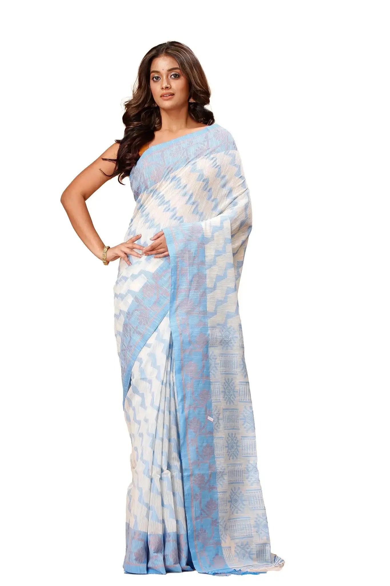 Bellu Rock Blue Cotton Handloom Fancy Saree – Floral Motif Pattern With Blouse Piece - Grivana