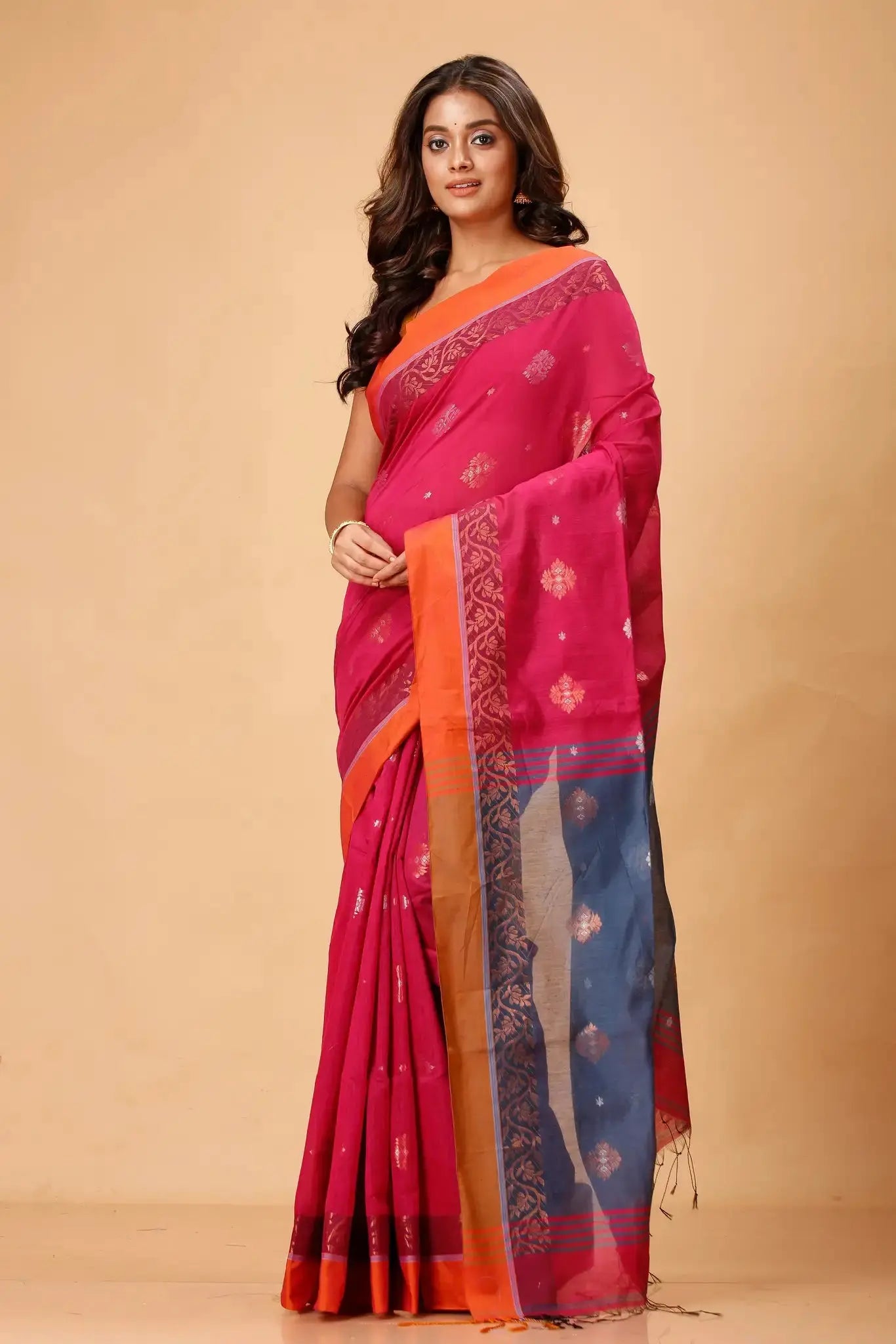 Red & Tealish Blue- Bellu Cotton Handloom Fancy Traditional Weave Saree - Grivana