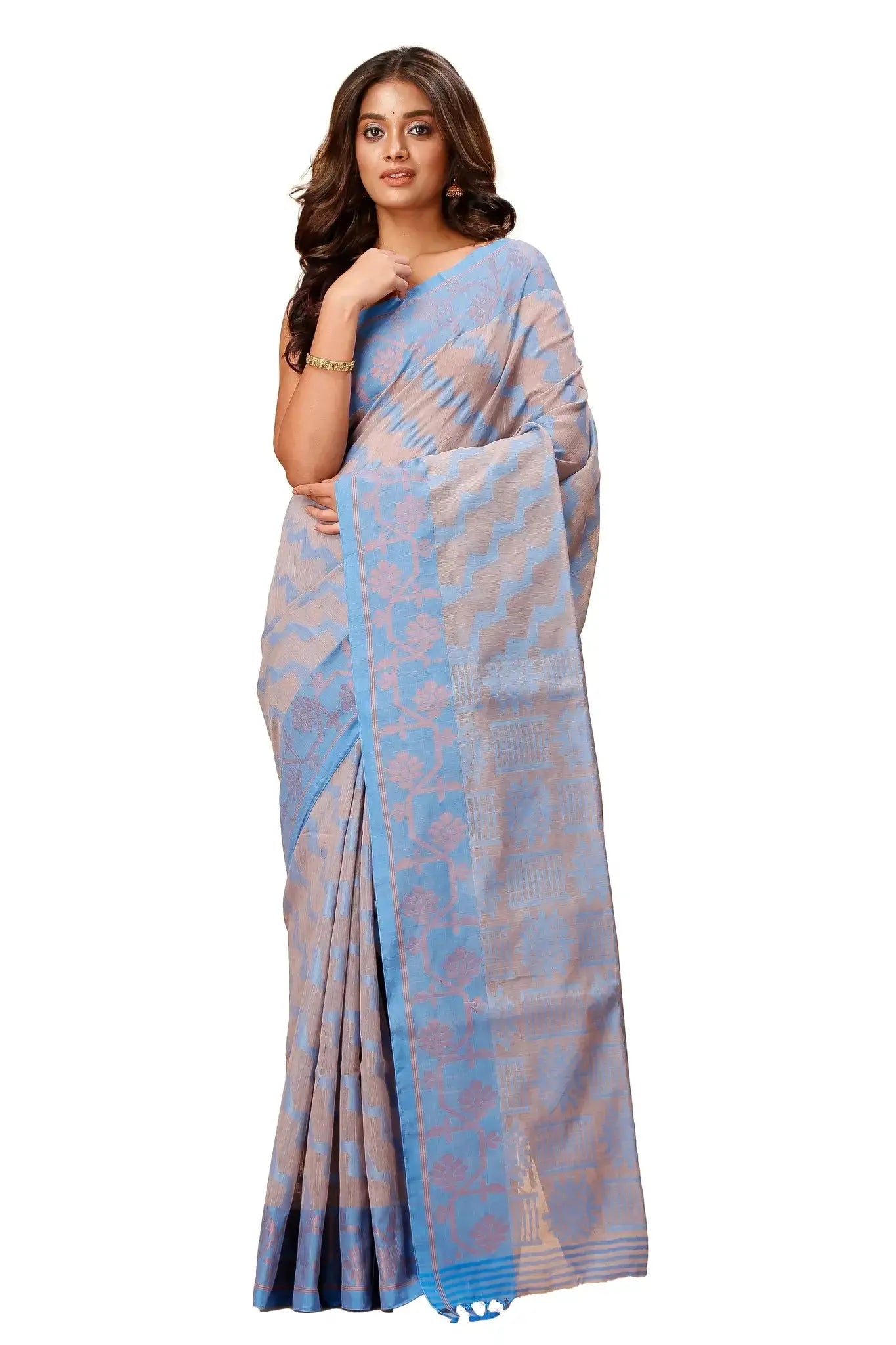 Bellu Rose Quartz Cotton Handloom Saree – Floral Motif Pattern With Blouse Piece - Grivana
