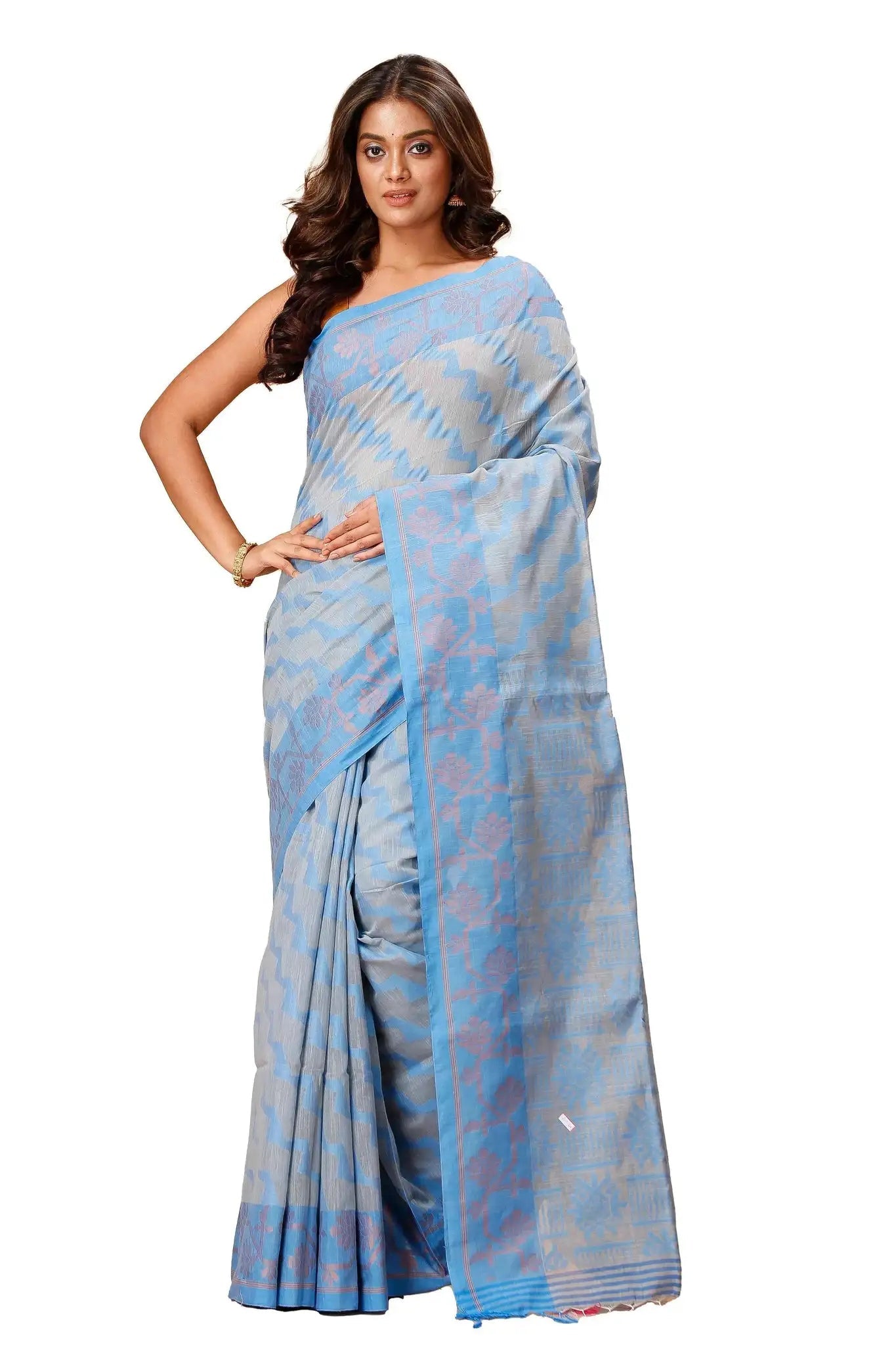 Bellu Carolina Blue Cotton Handloom Fancy Saree – Floral Motif Pattern With Blouse Piece