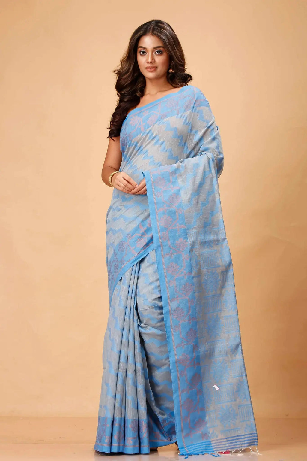 Bellu Carolina Blue Cotton Handloom Fancy Saree – Floral Motif Pattern With Blouse Piece