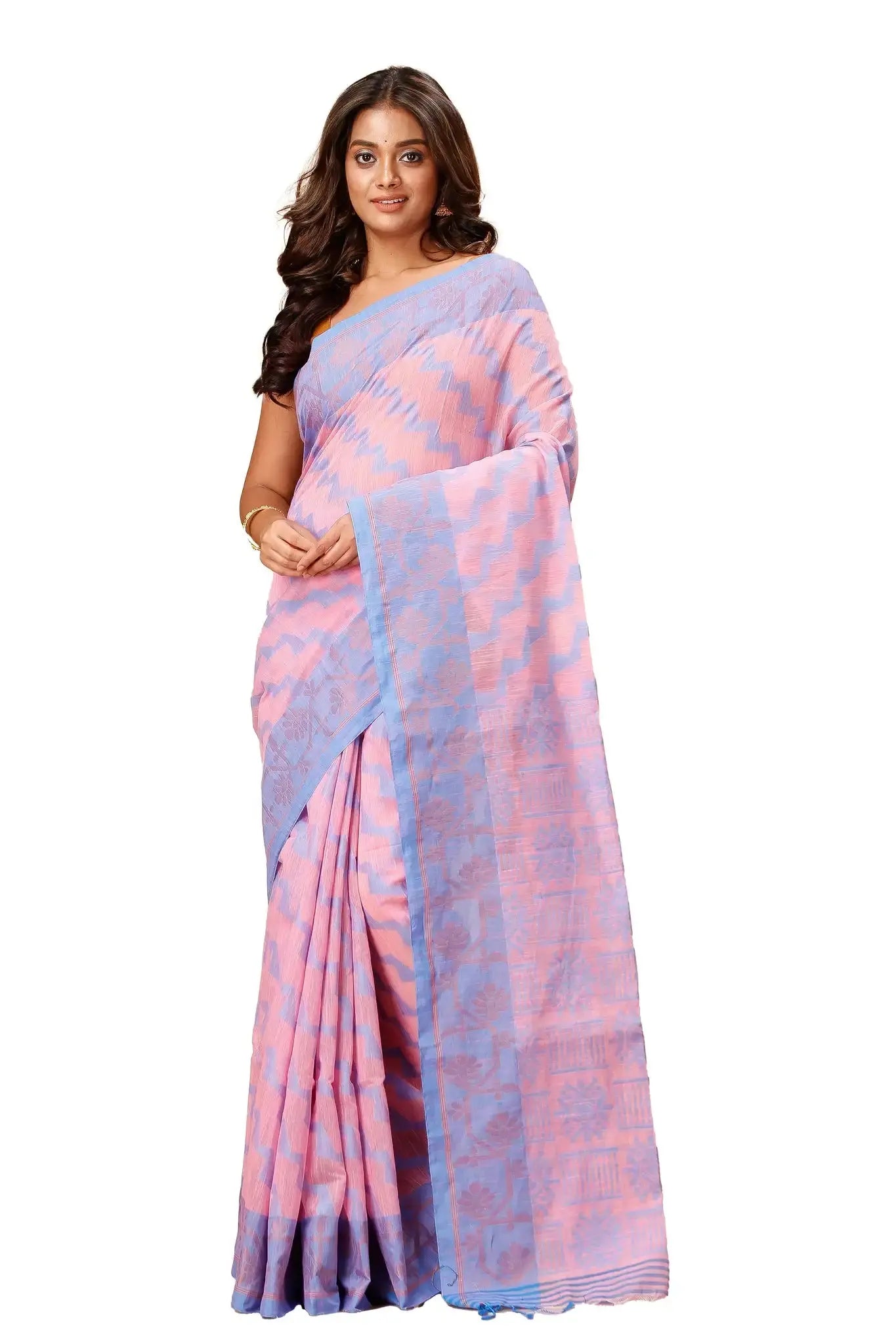 Bellu Oyster Pink Cotton Handloom Saree – Soft Woven Floral Motif With Blouse Piece - Grivana
