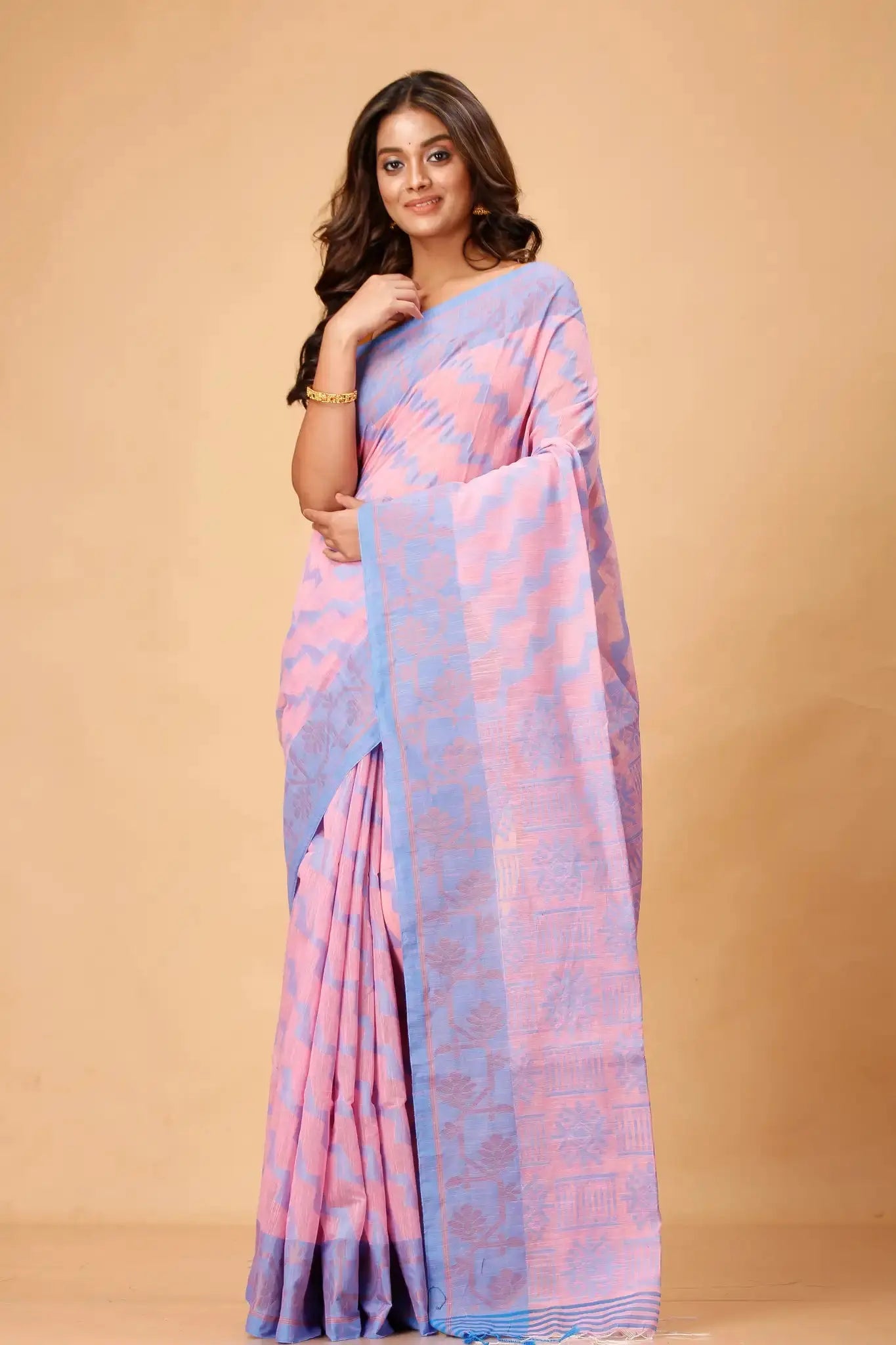 Bellu Oyster Pink Cotton Handloom Saree – Soft Woven Floral Motif With Blouse Piece - Grivana