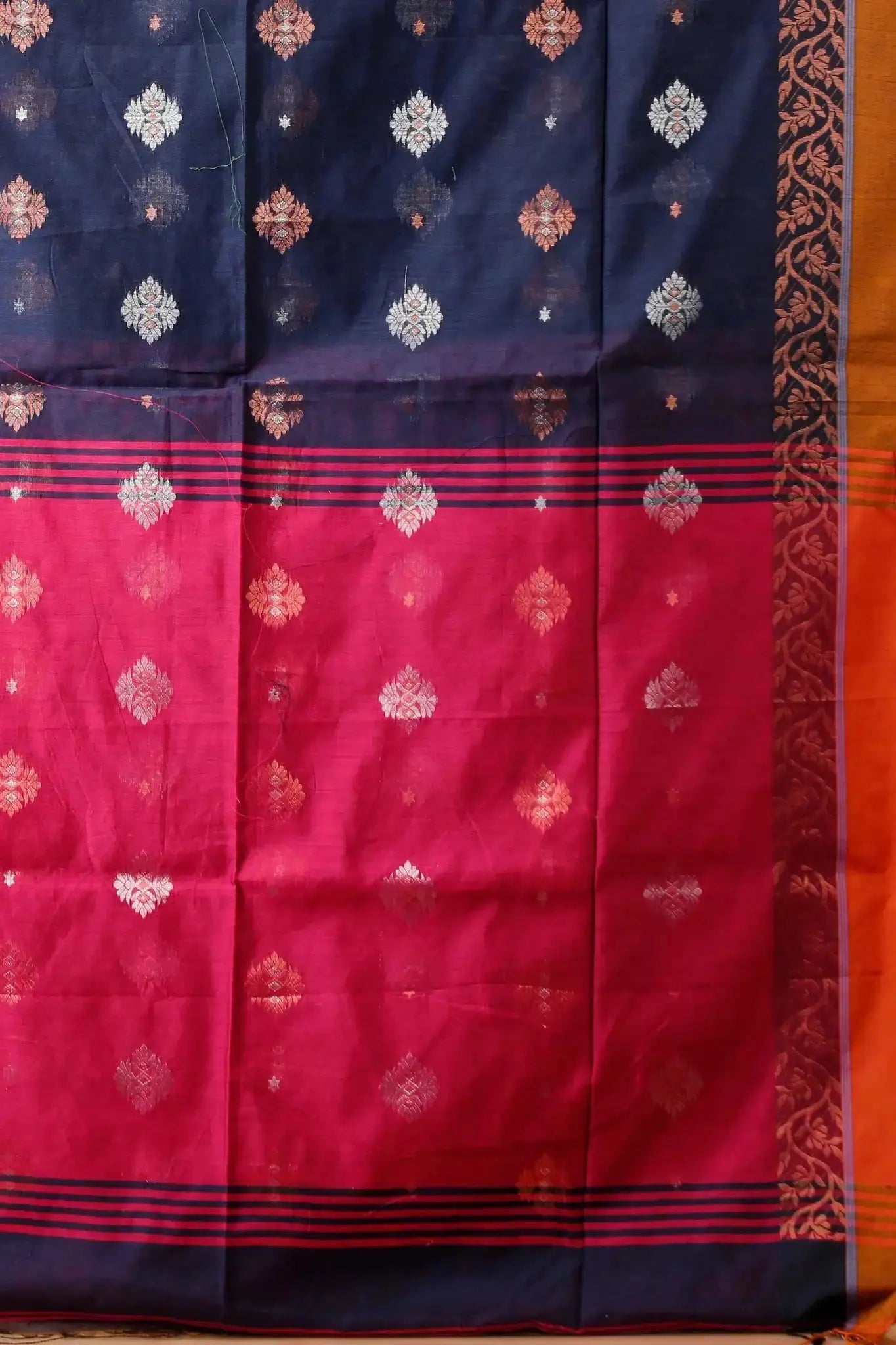 Baltic Sea & Rose Red- Bellu Cotton Handloom Fancy Weave Saree Contrast Border