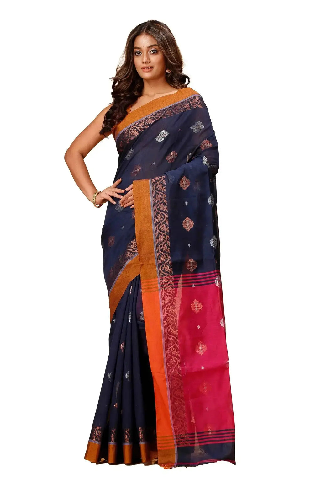 Baltic Sea & Rose Red- Bellu Cotton Handloom Fancy Weave Saree Contrast Border