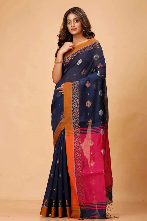 Baltic Sea & Rose Red- Bellu Cotton Handloom Fancy Weave Saree Contrast Border