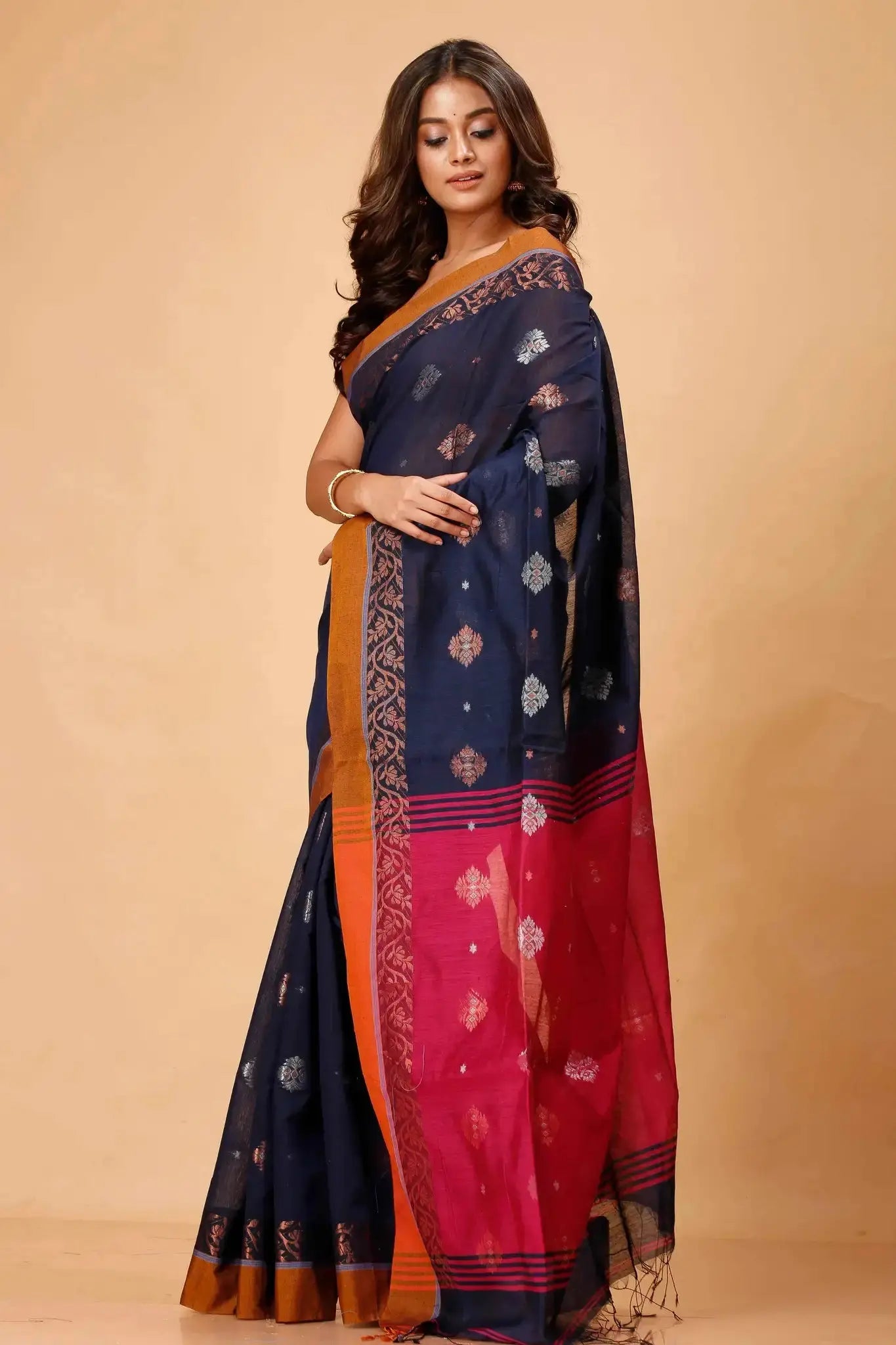 Baltic Sea & Rose Red- Bellu Cotton Handloom Fancy Weave Saree Contrast Border