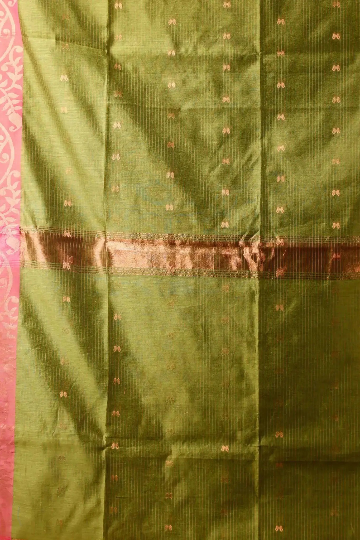 Alpine Green- Bellu Cotton Handloom Saree With Pink Woven Border & Blouse Piece