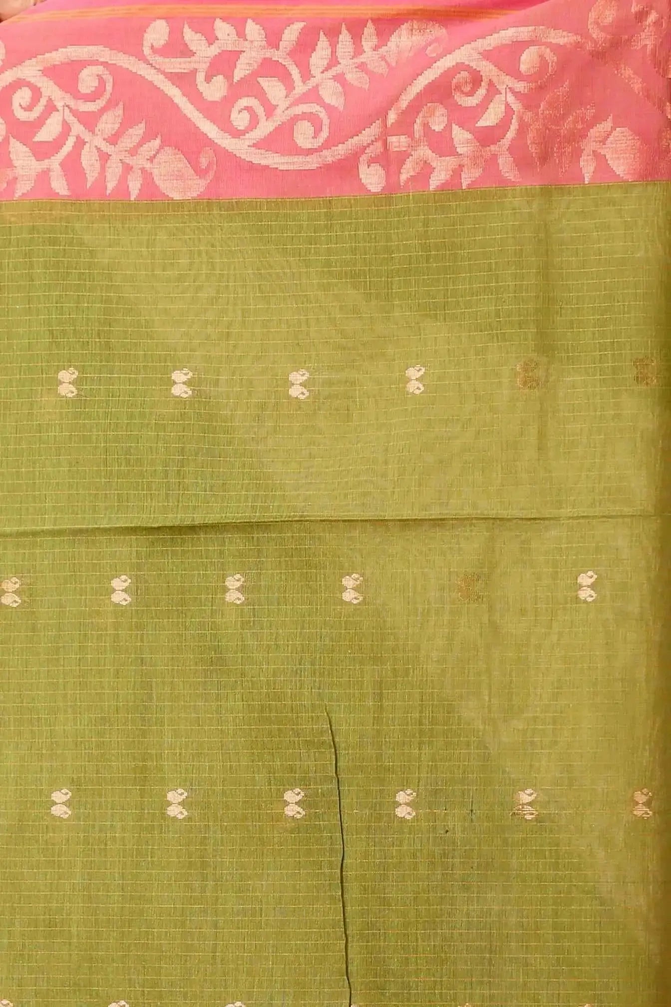 Alpine Green- Bellu Cotton Handloom Saree With Pink Woven Border & Blouse Piece