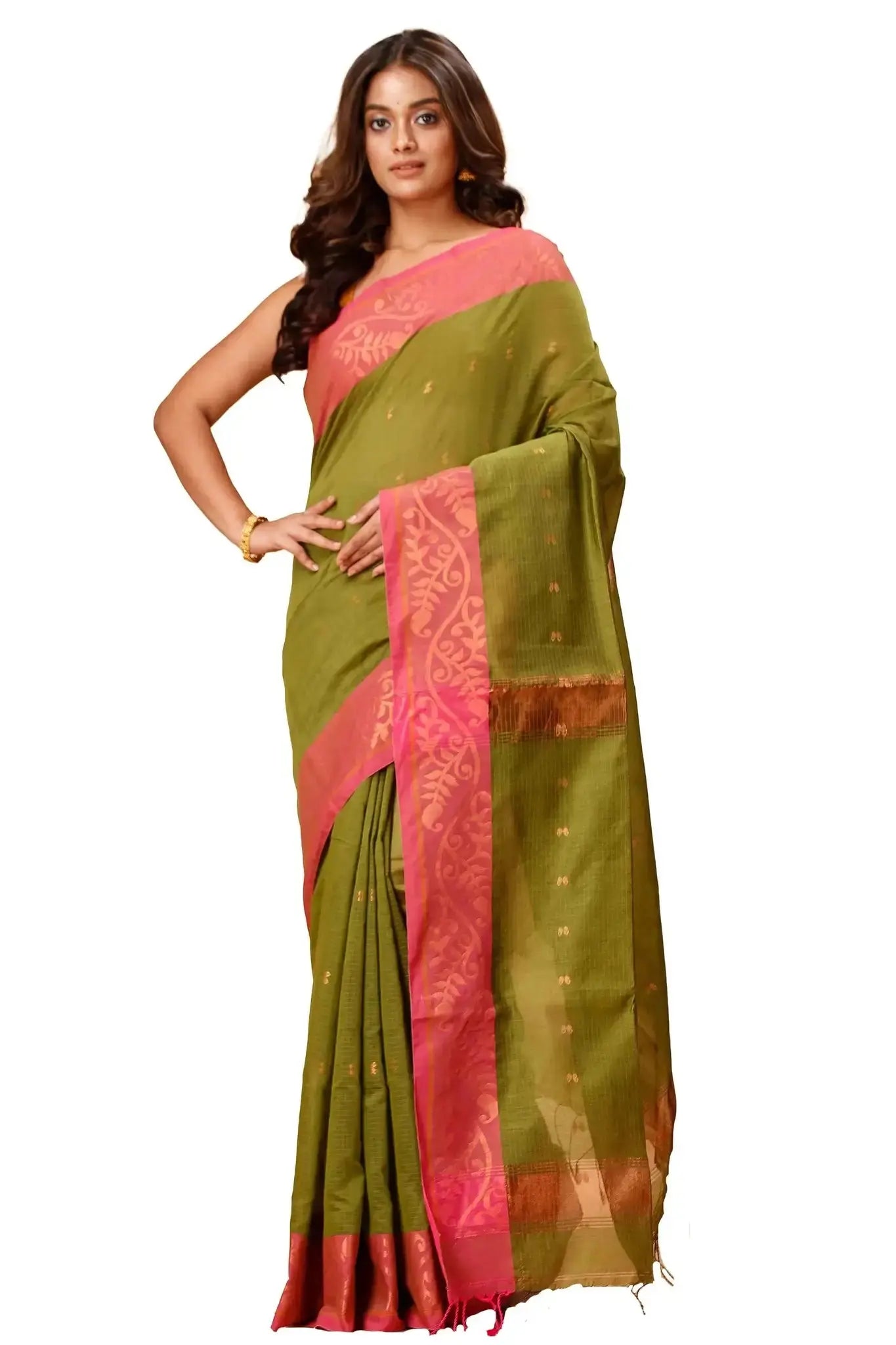 Alpine Green- Bellu Cotton Handloom Saree With Pink Woven Border & Blouse Piece
