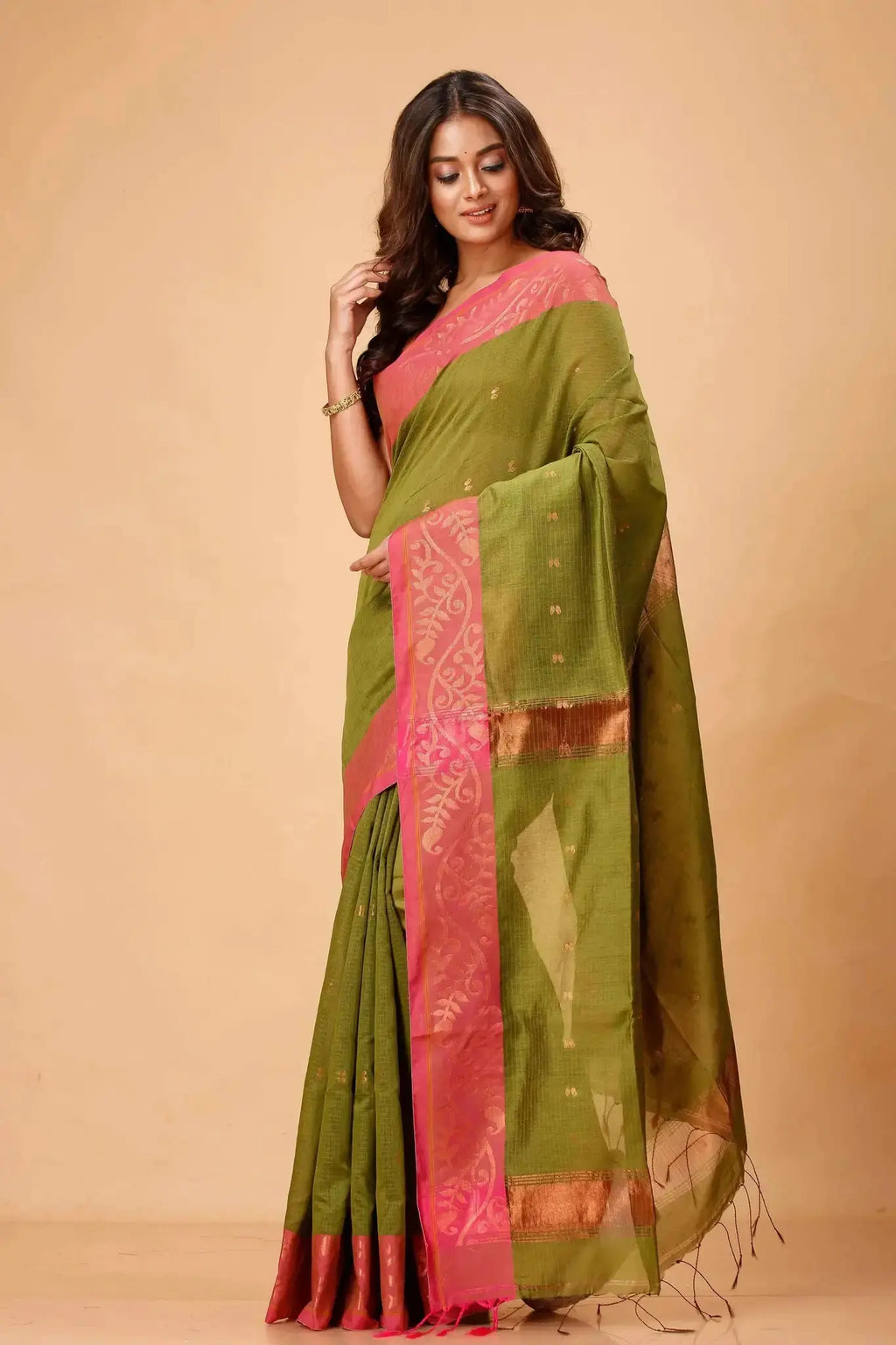 Alpine Green- Bellu Cotton Handloom Saree With Pink Woven Border & Blouse Piece